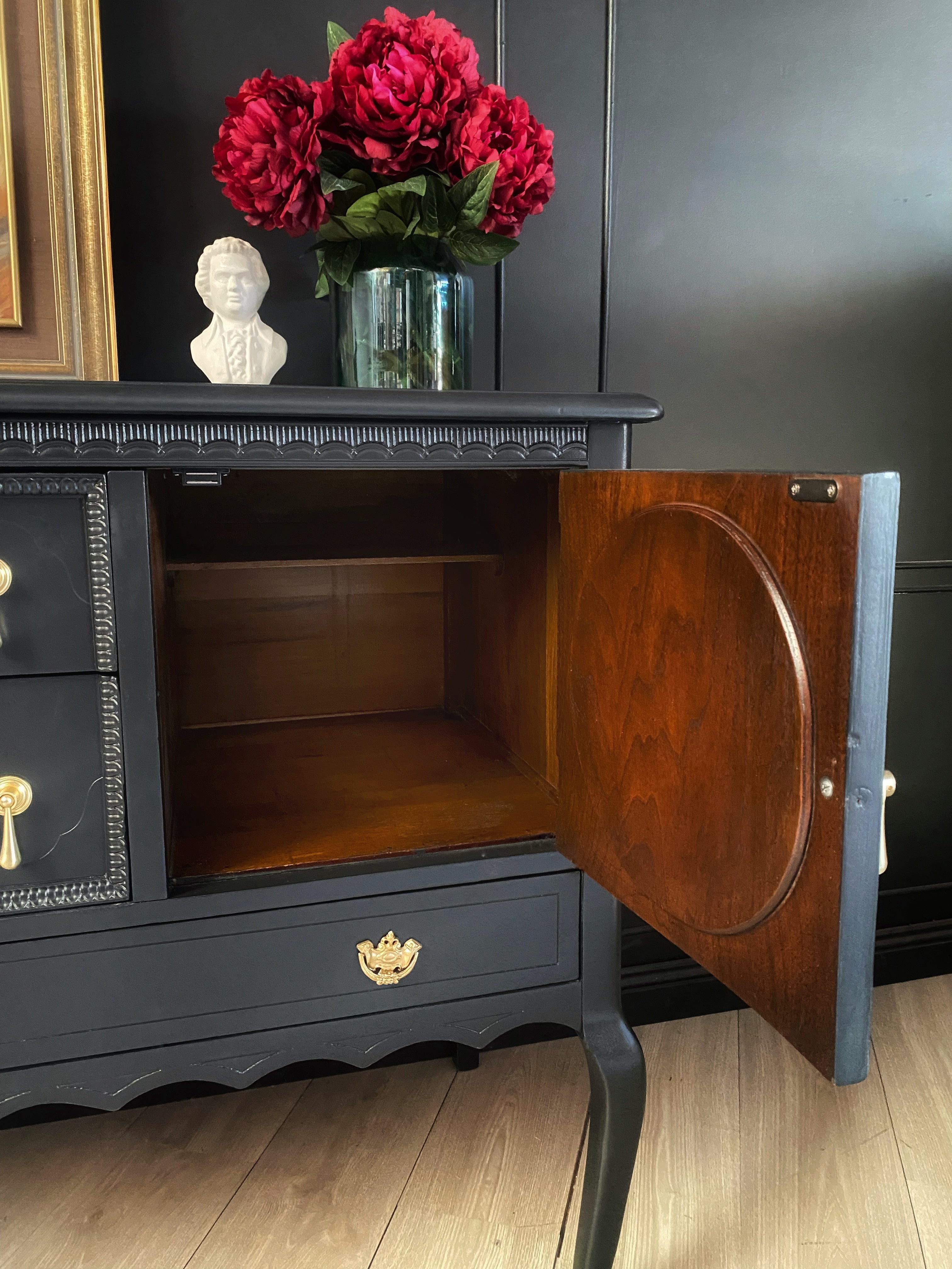 Elegant black sideboard with gorgeous brass drop handles