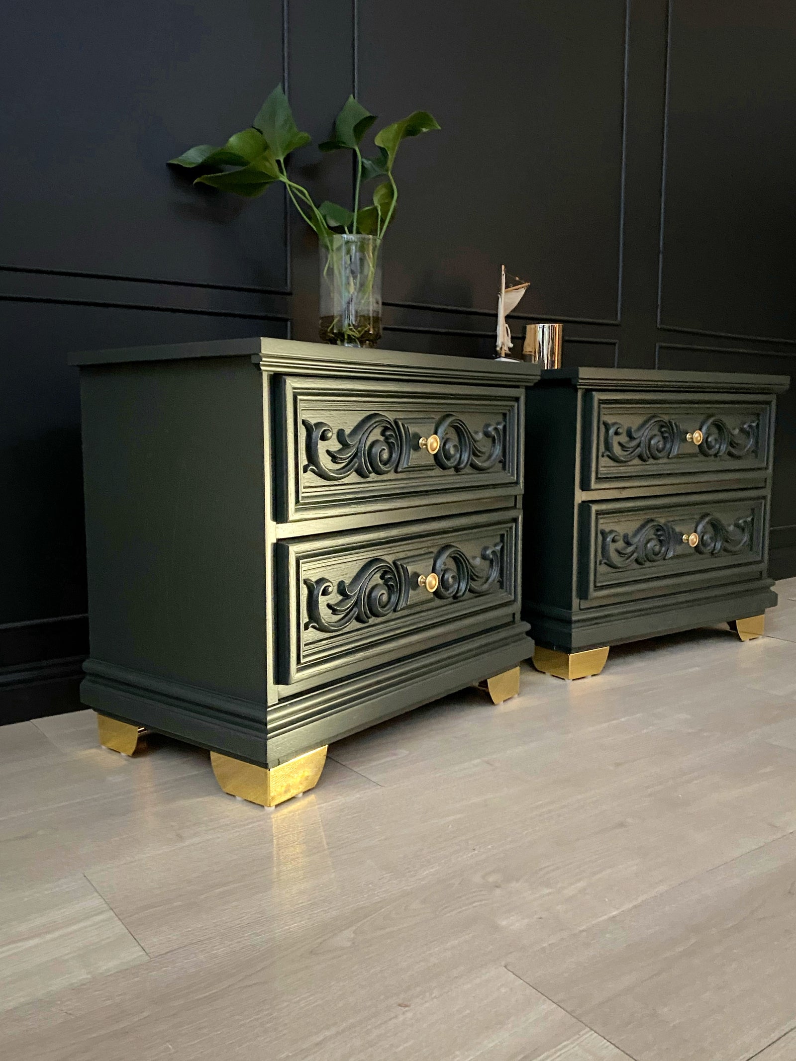 Reliance Furniture bedside tables dark forest green
