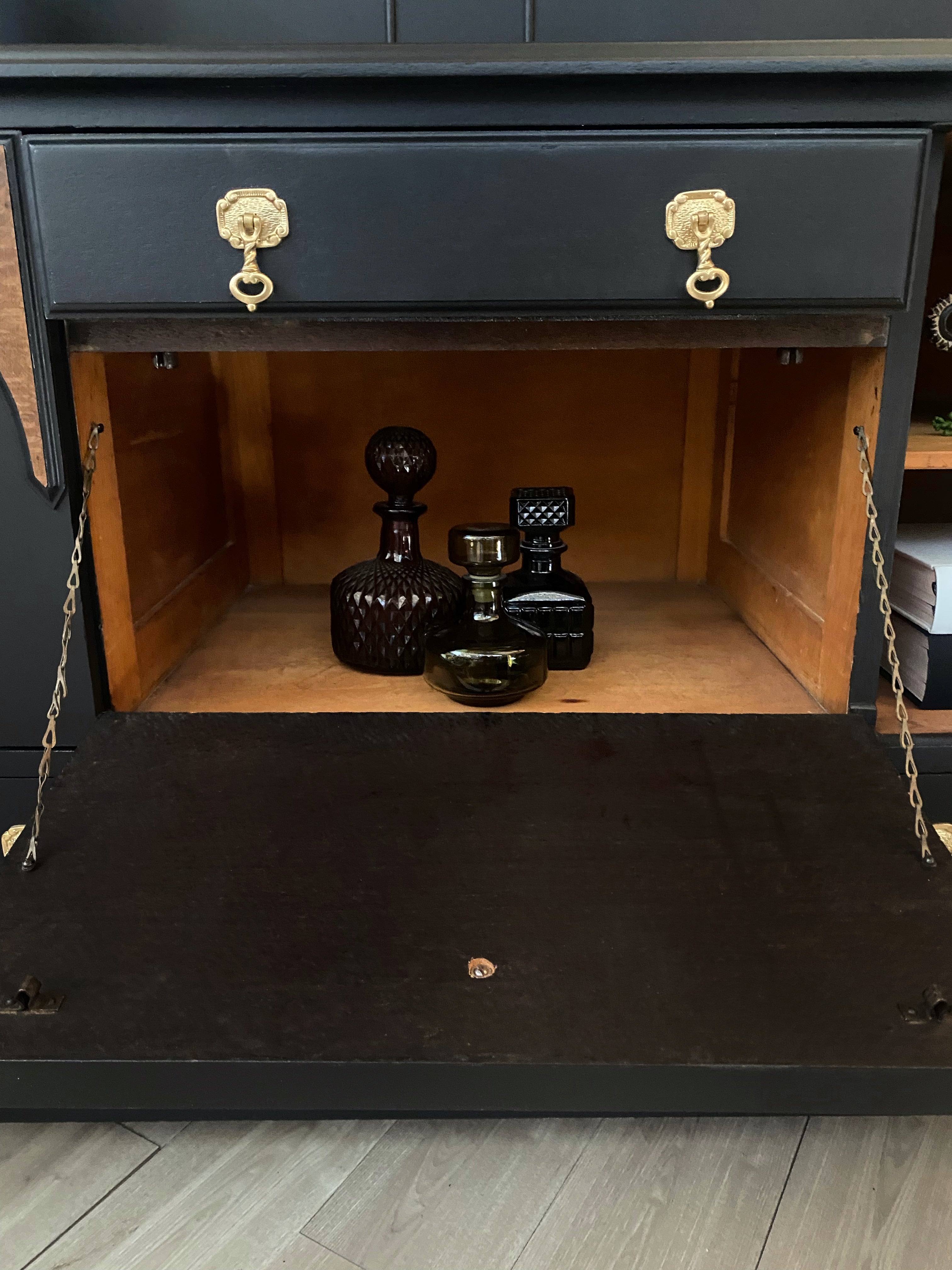 Antique Black Buffet / Sideboard with wood detail