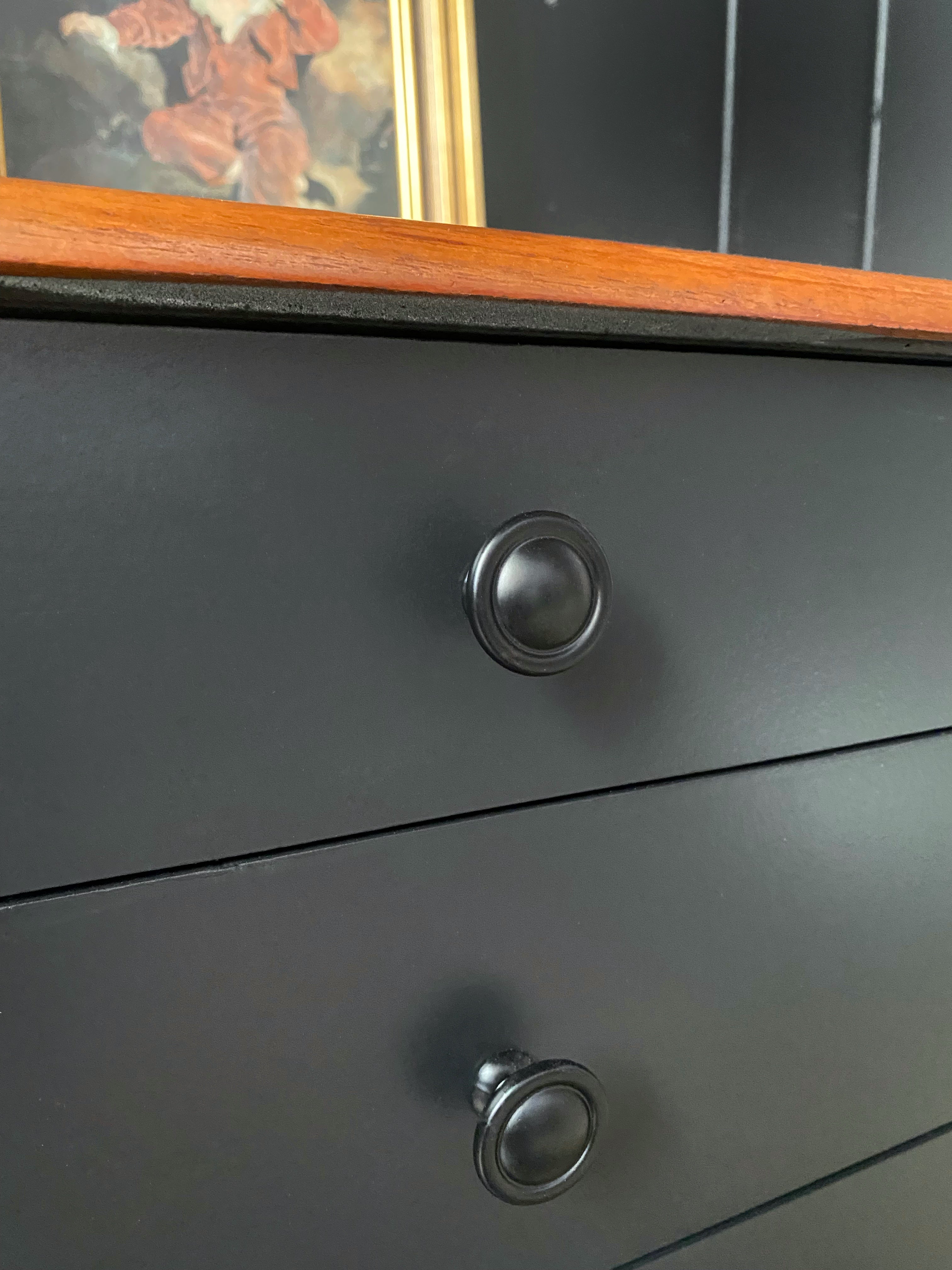 Black and wood mid century drawers with black handles