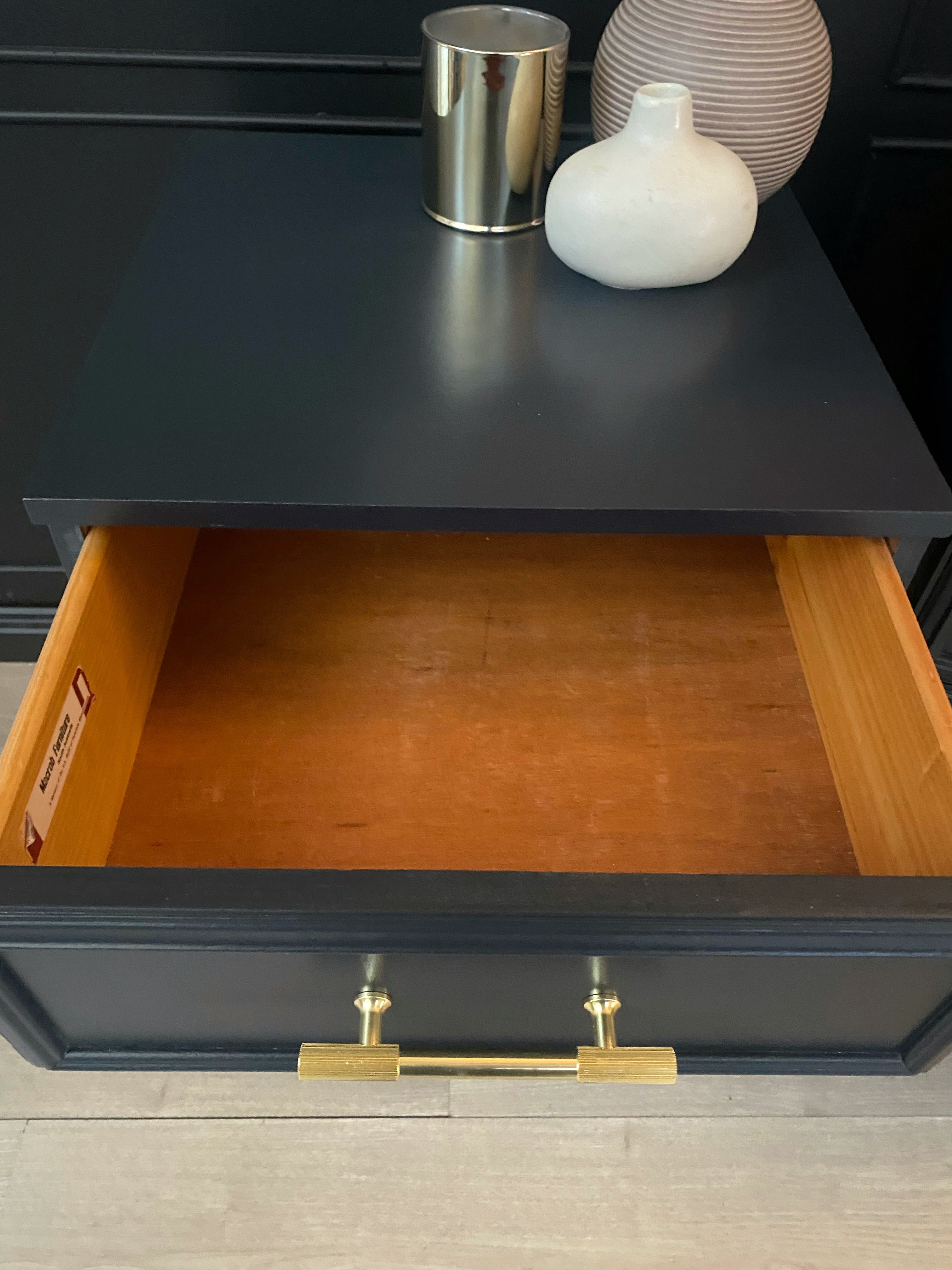 ‘Macrob Furniture’ dark blue bedside tables