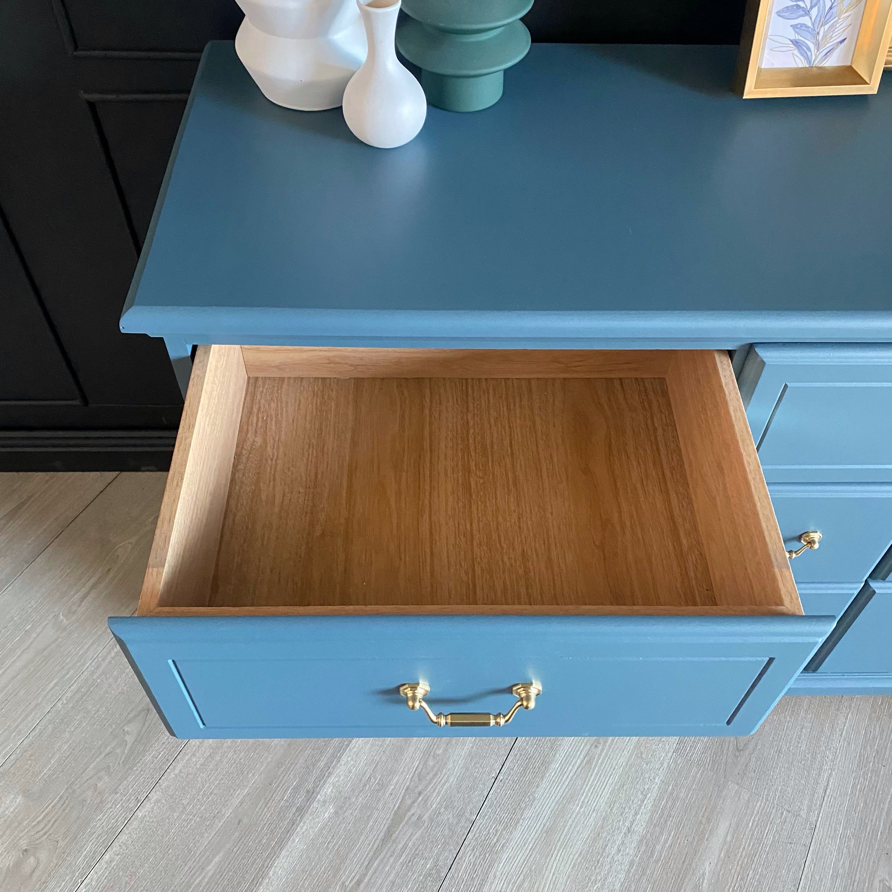 Gorgeous blue dresser with gold feature pulls