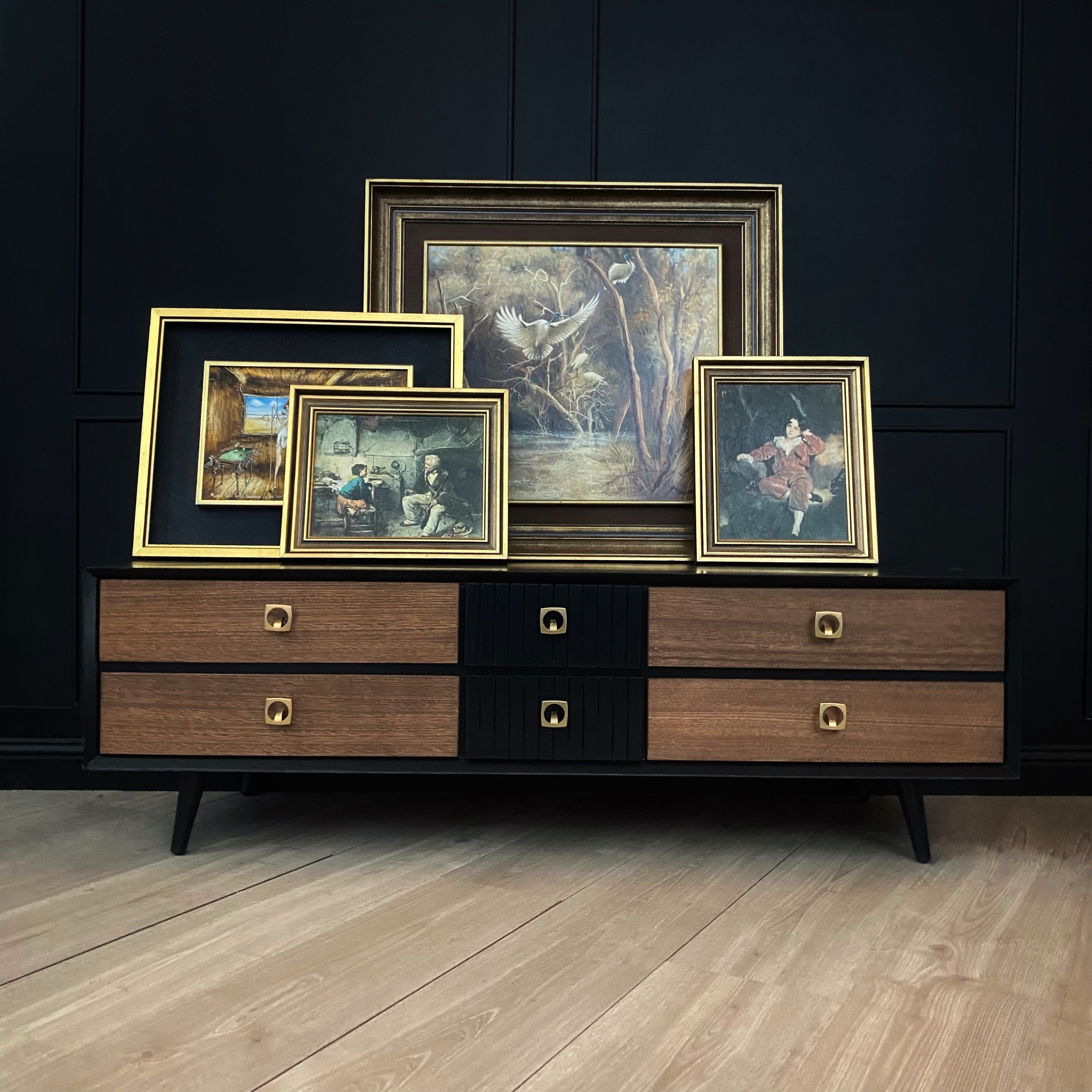 Black and wood mid century dresser with textured drawers