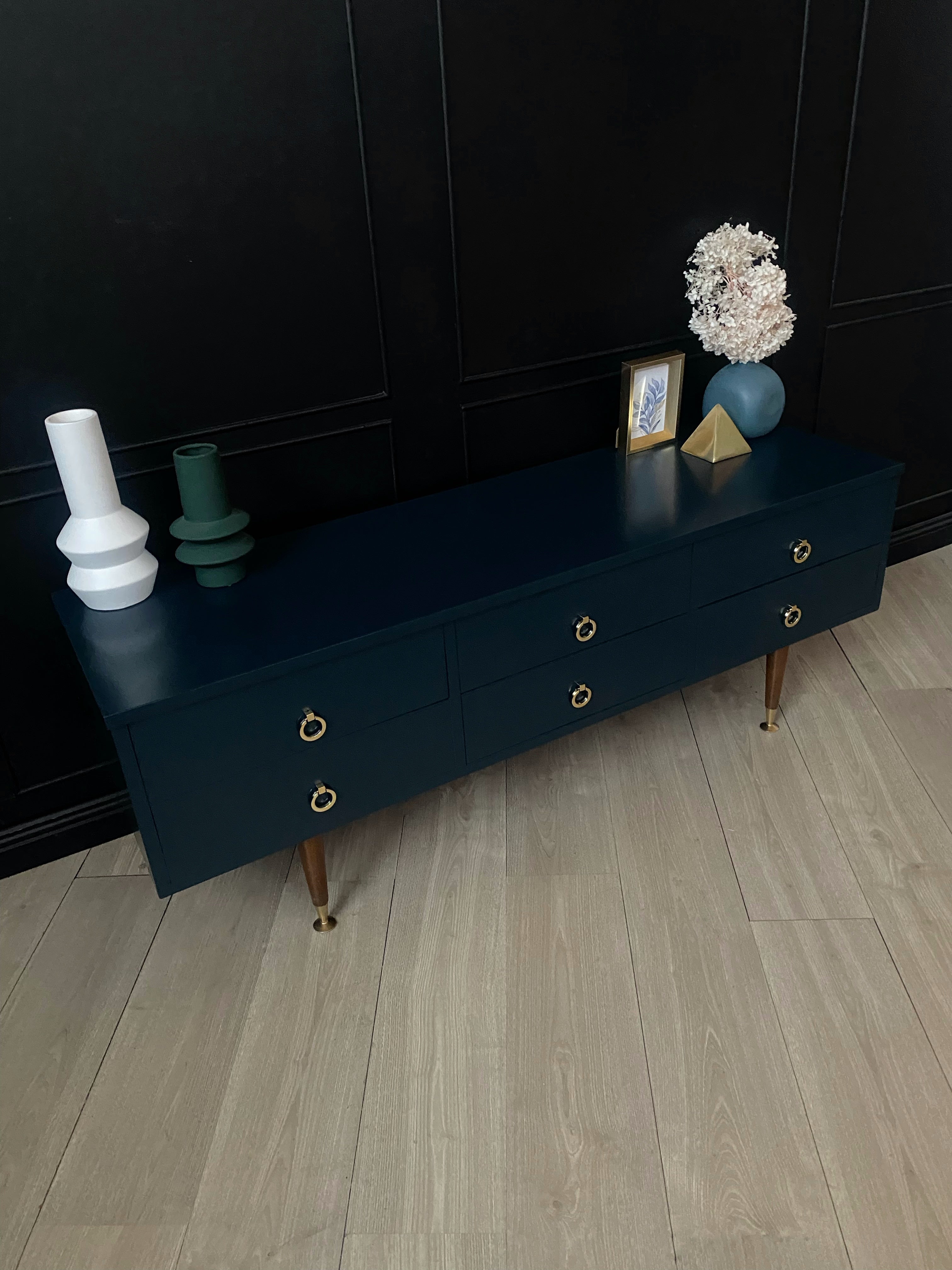 Blue mid century lowline cabinet / dresser