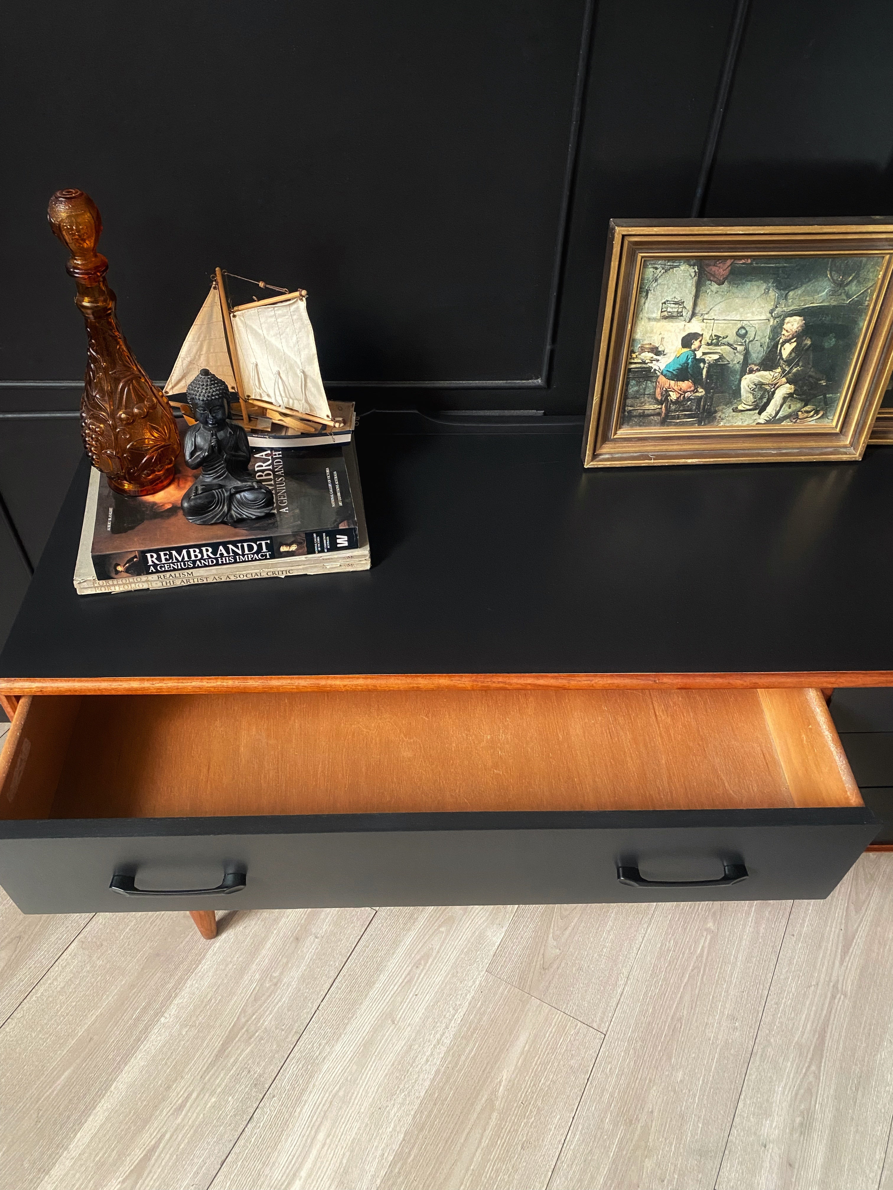 Black and wood mid century drawers with black handles