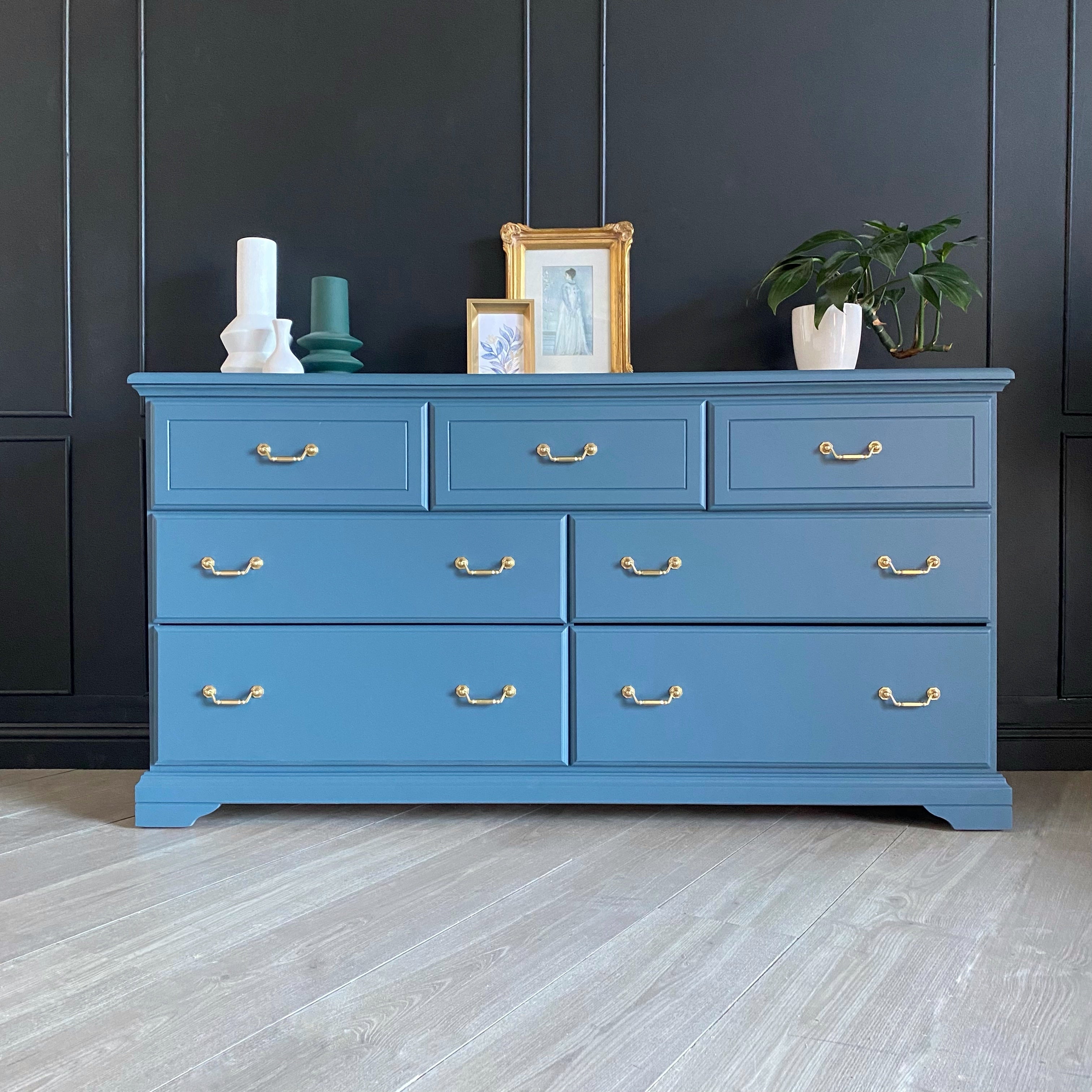 Gorgeous blue dresser with gold feature pulls