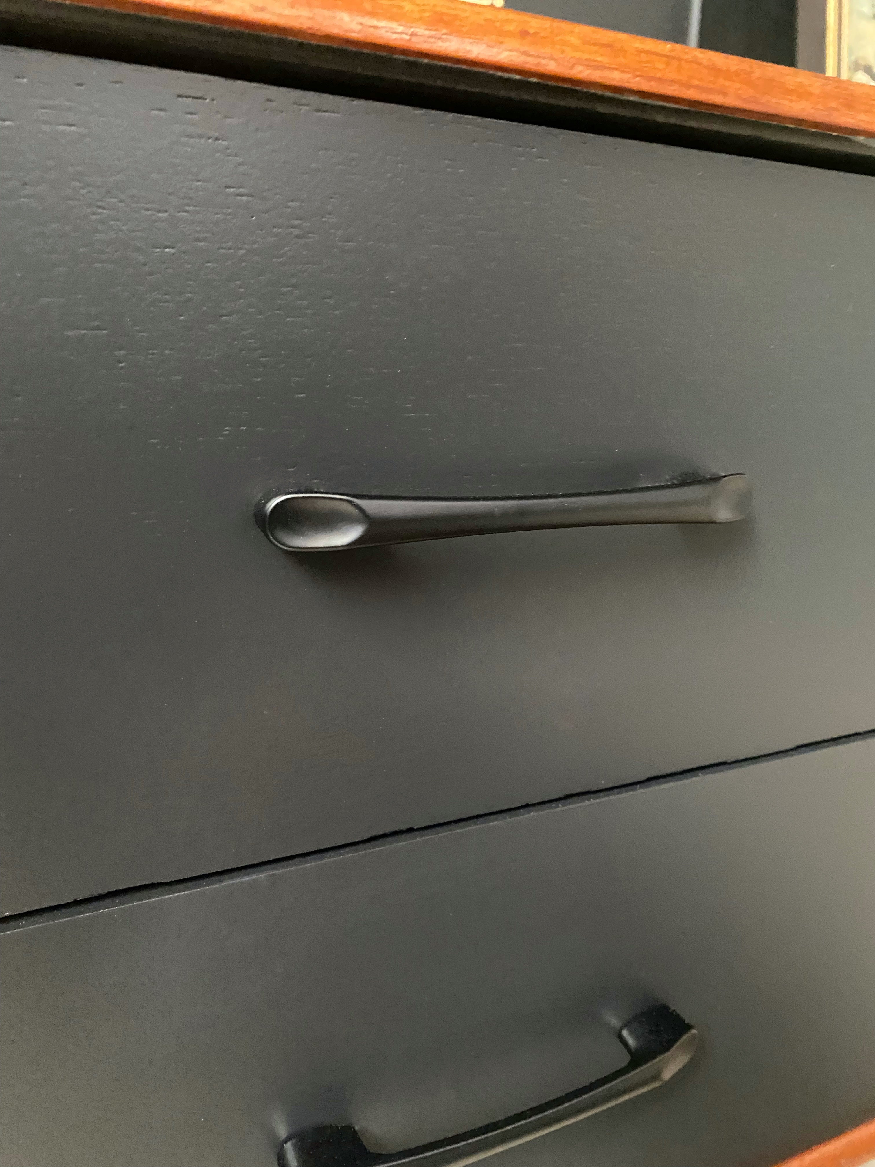 Black and wood mid century drawers with black handles
