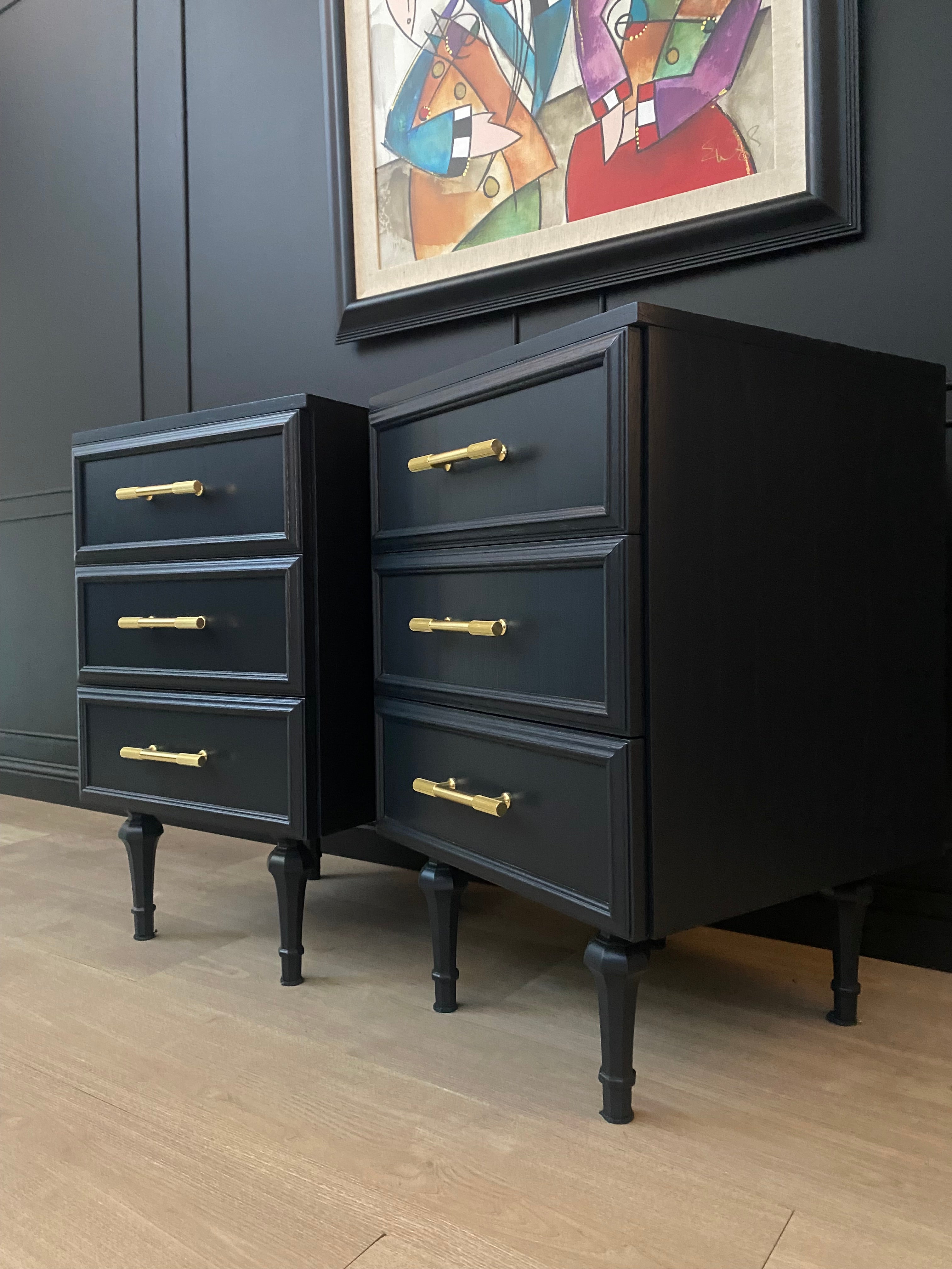 ‘Macrob Furniture’ dark blue bedside tables