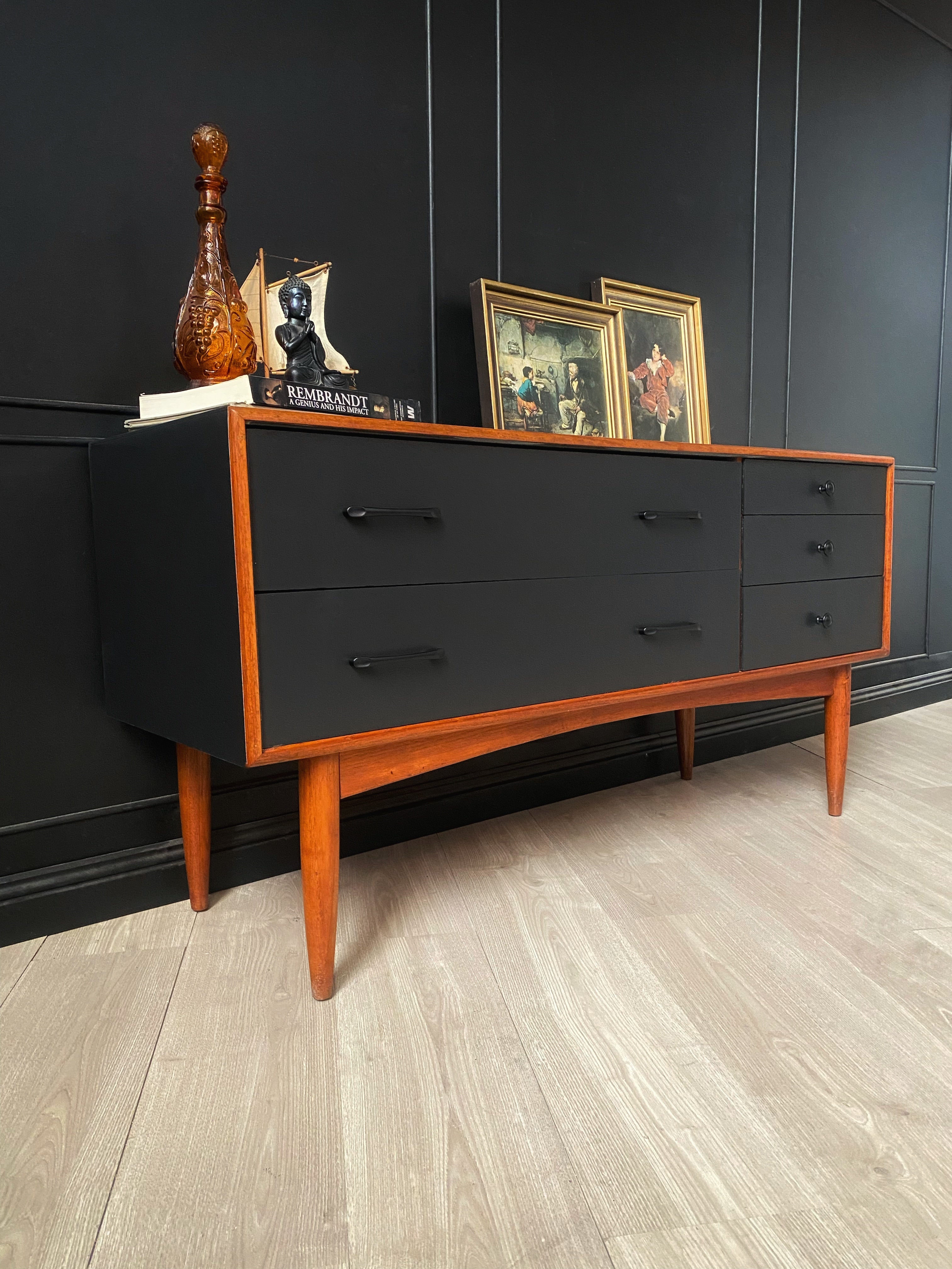 Black and wood mid century drawers with black handles