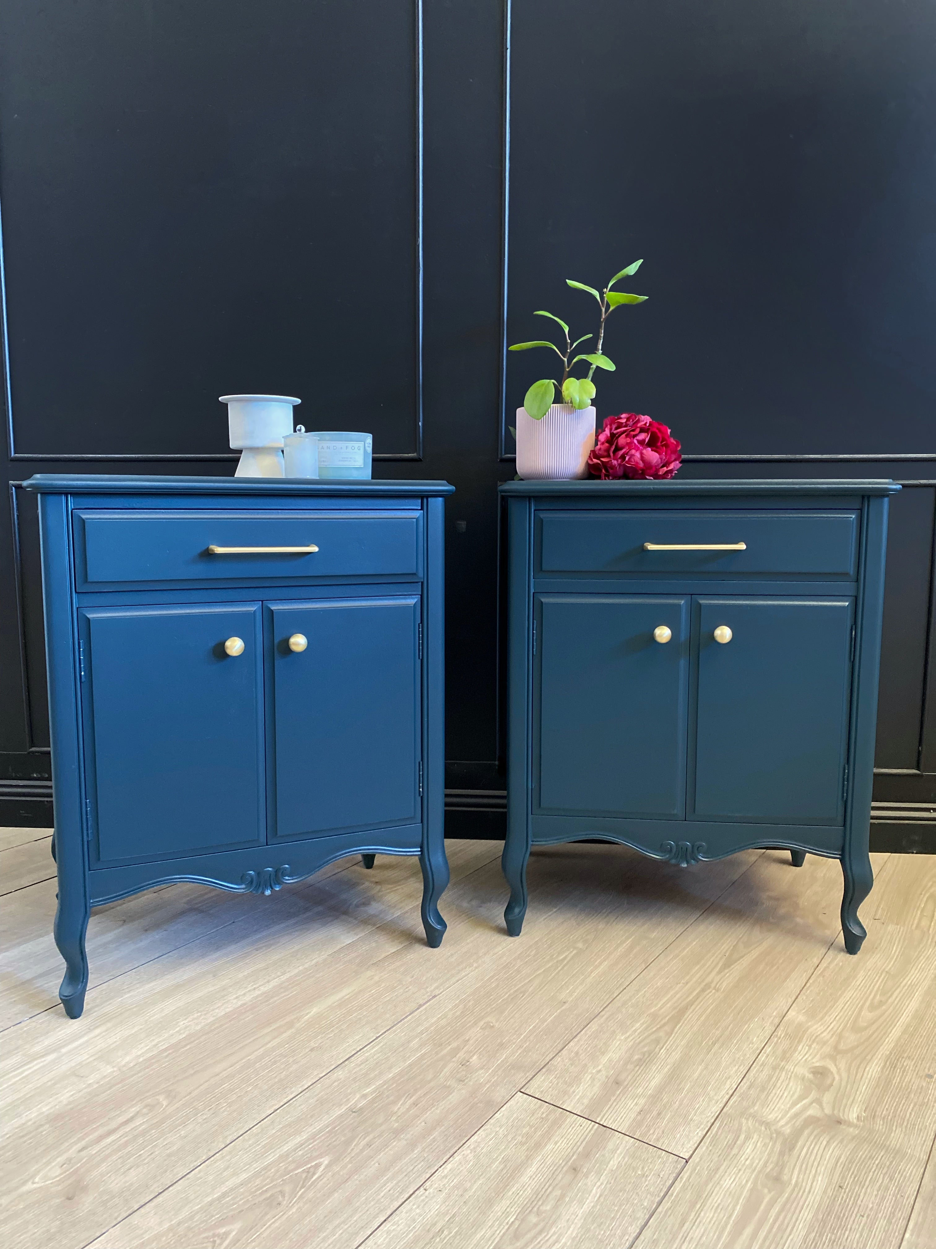 Stunning dark teal blue bedside tables with gorgeous gold hardware