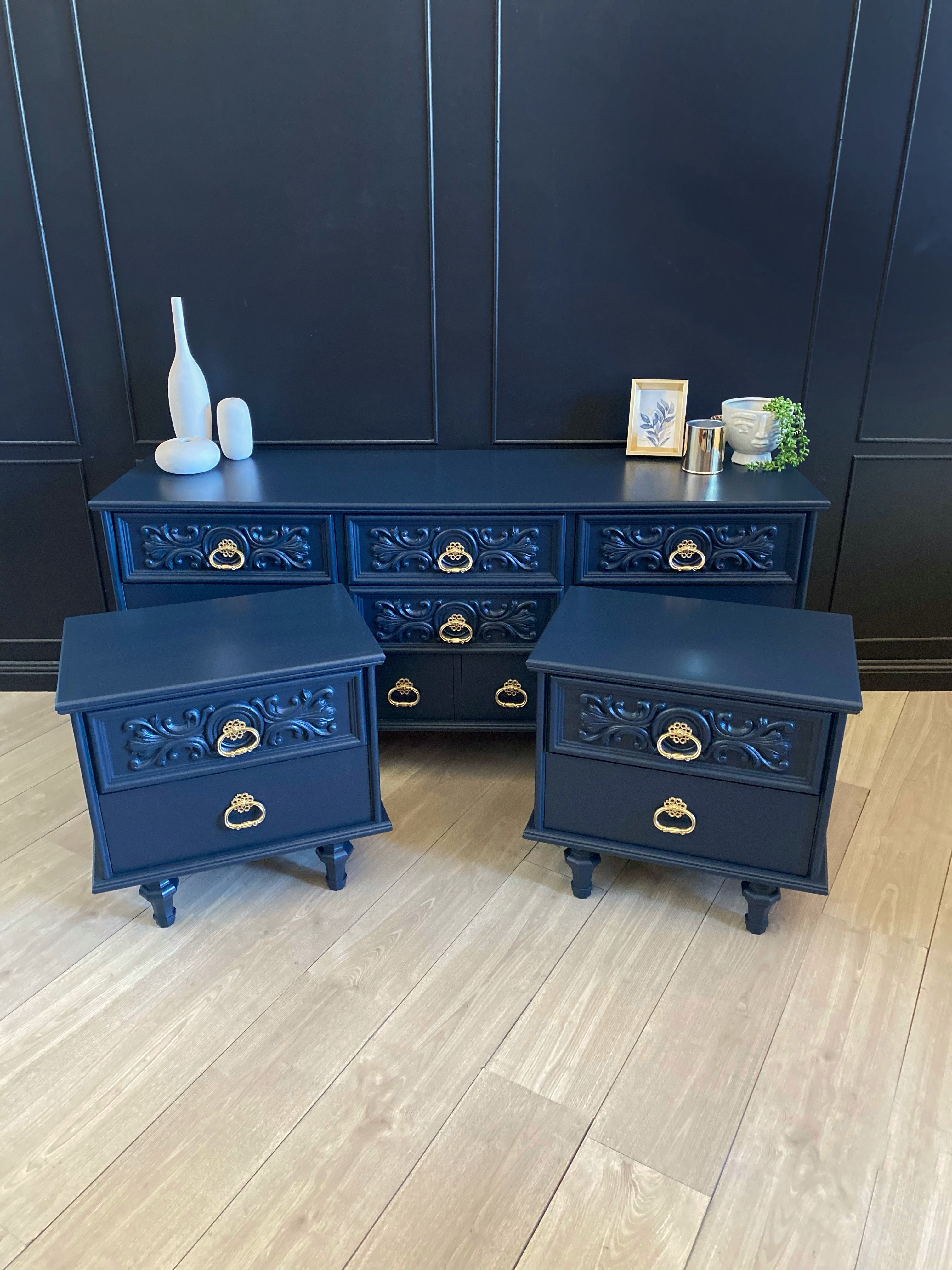 ‘Hayson’ Blue with Gold handles bedside tables