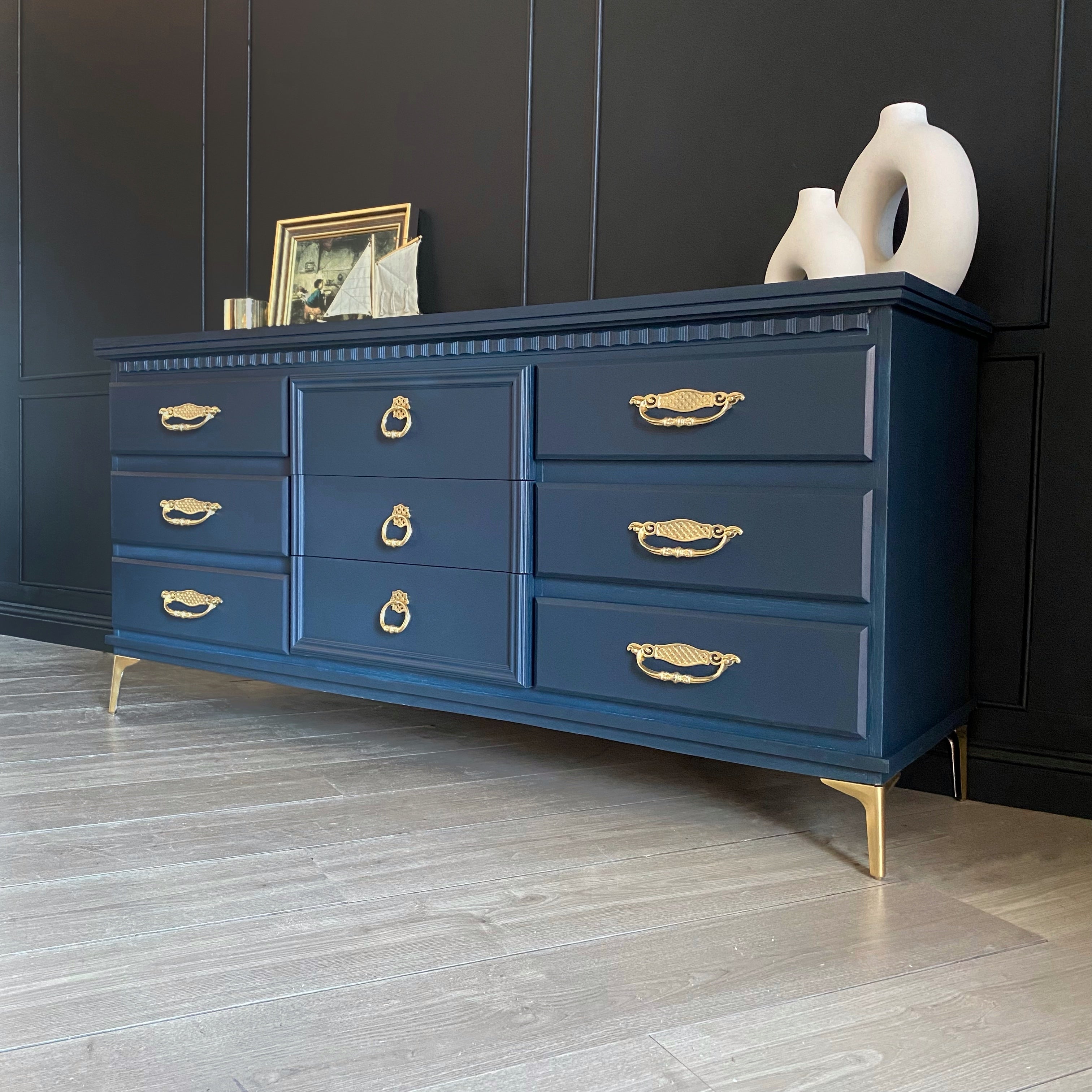 Dark Blue dresser with gold hardware and legs