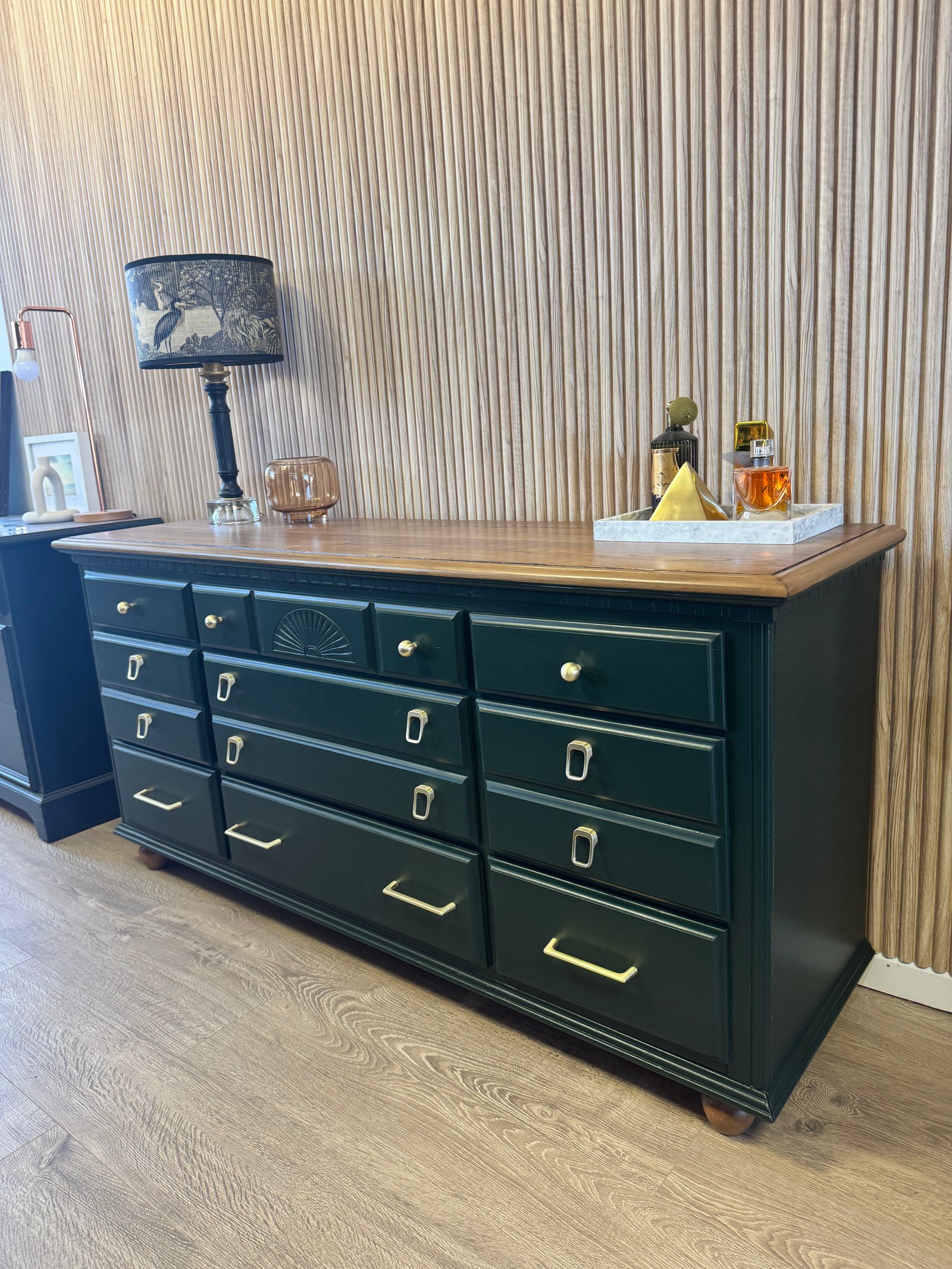 Mid-century dresser and bedside tables green