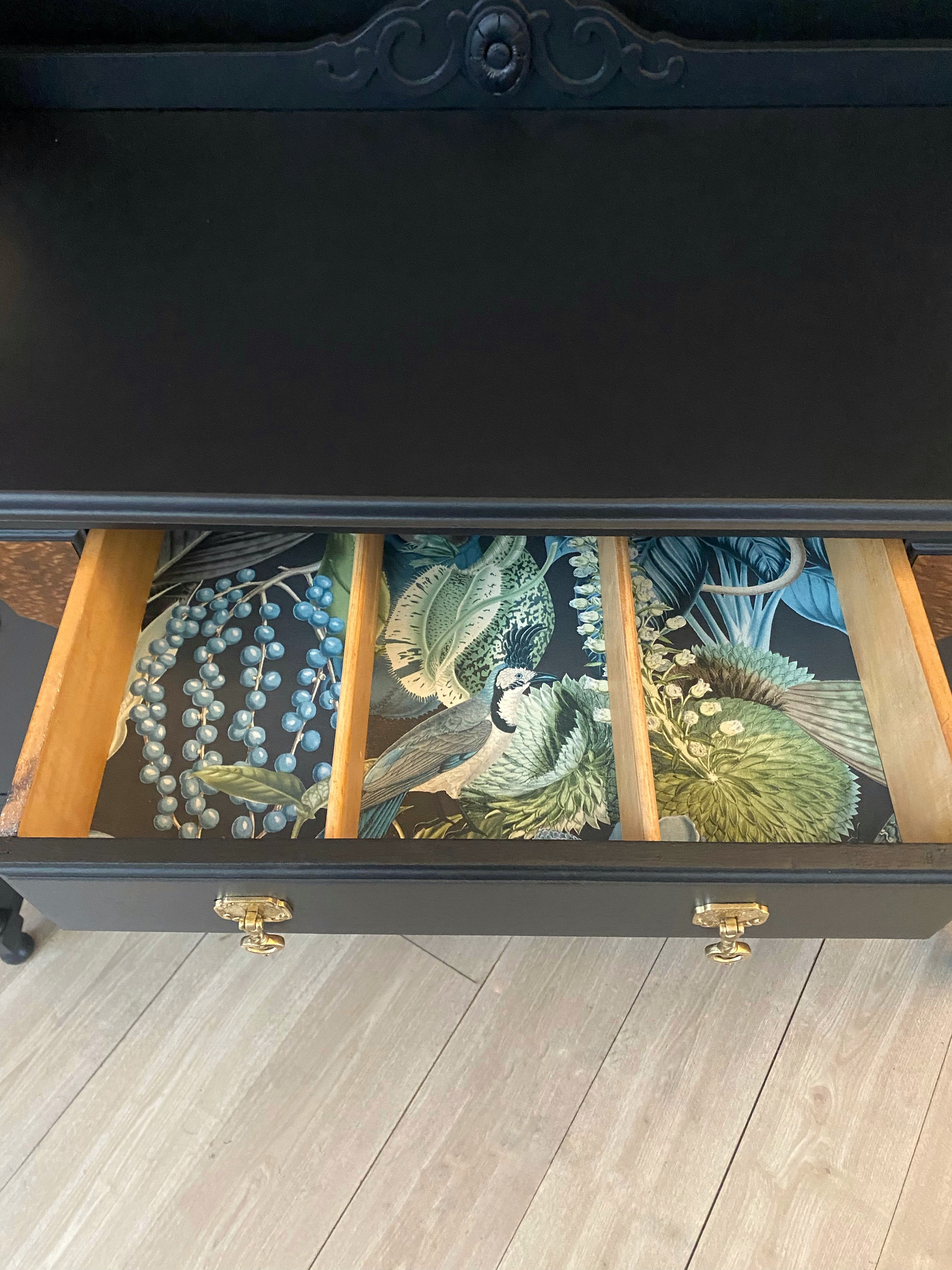 Antique Black Buffet / Sideboard with wood detail