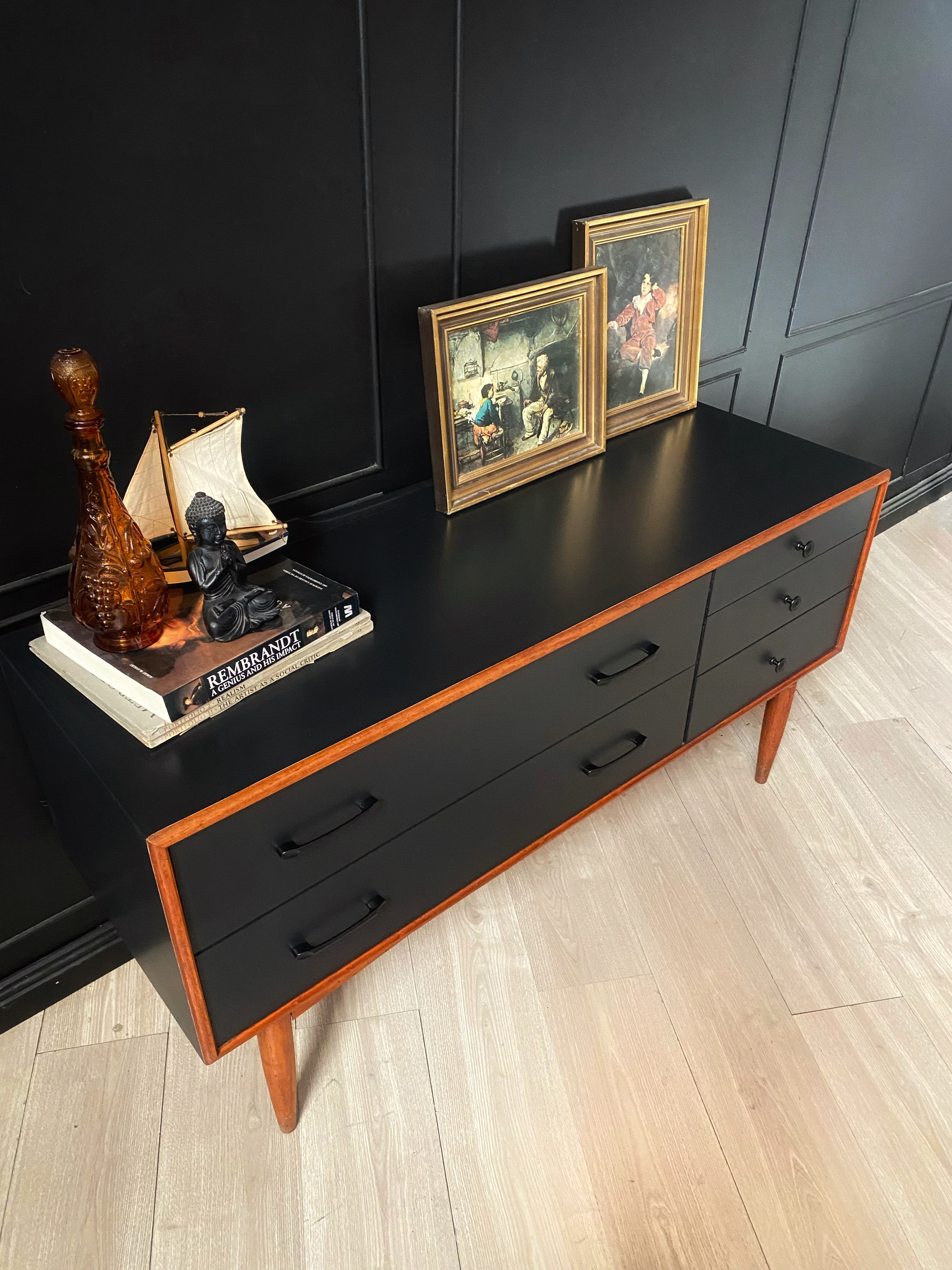 Black and wood mid century drawers with black handles