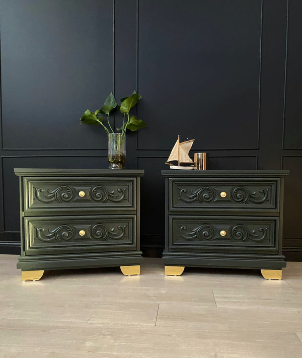 Reliance Furniture bedside tables dark forest green, view 2