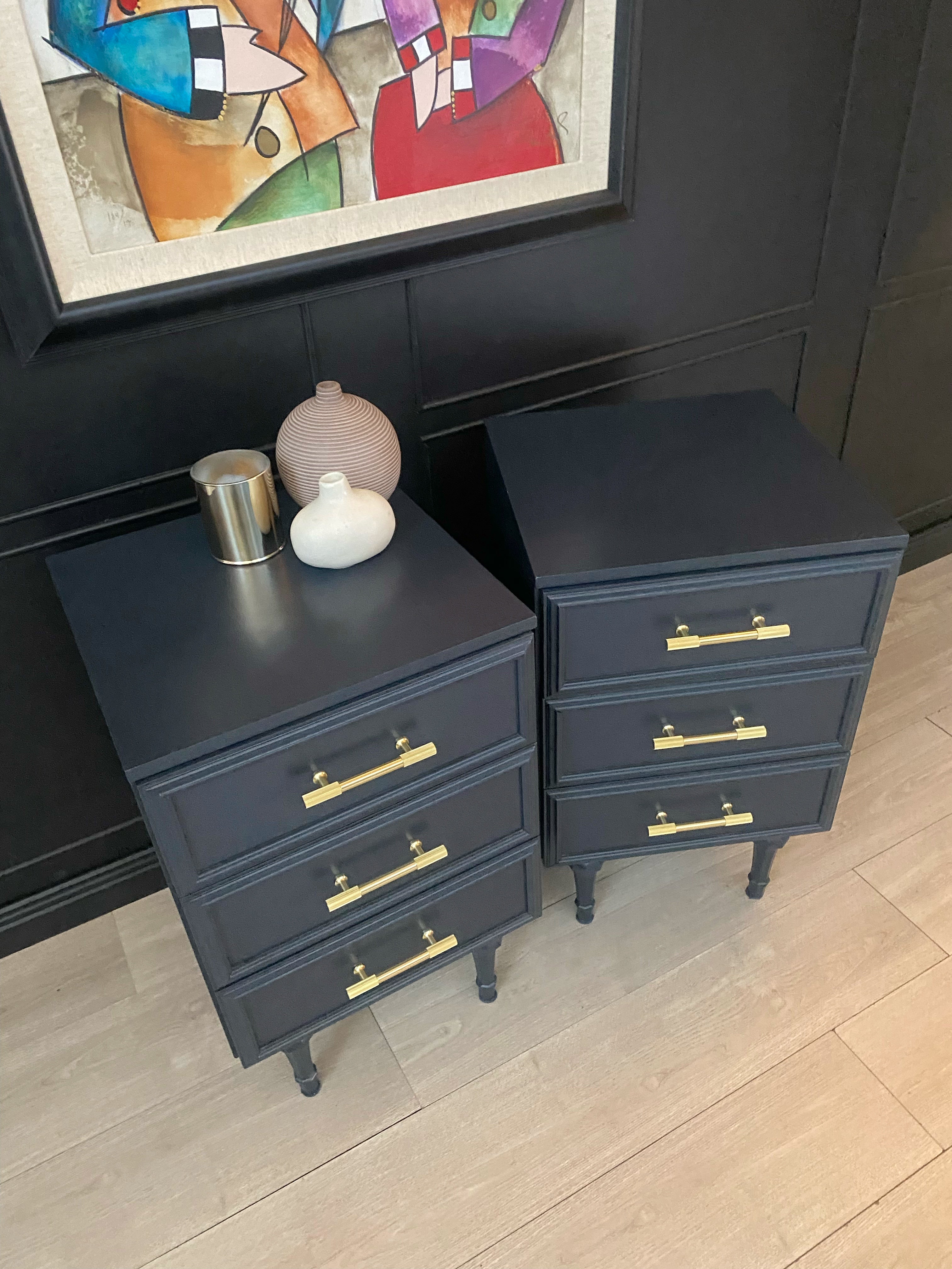 ‘Macrob Furniture’ dark blue bedside tables