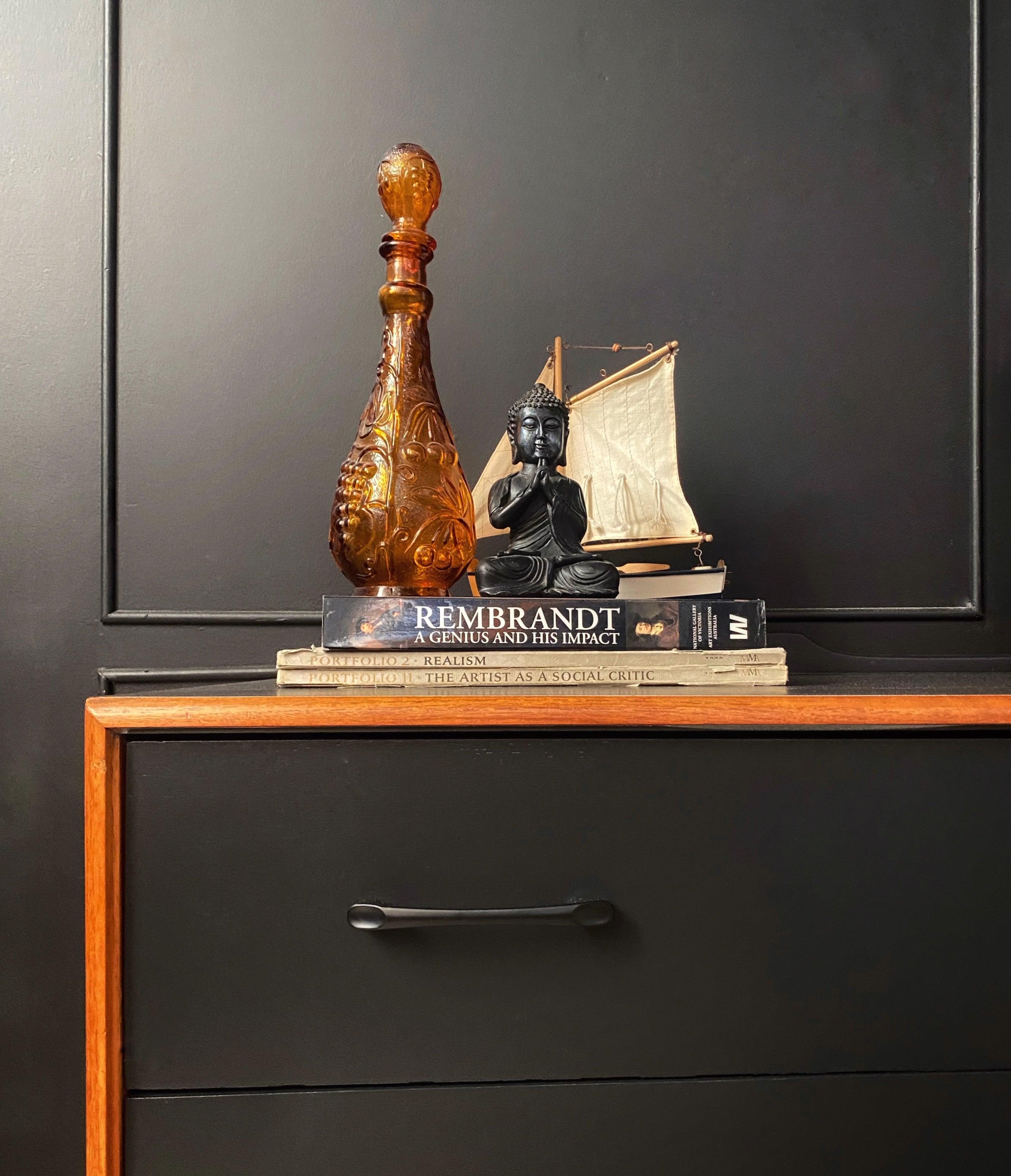 Black and wood mid century drawers with black handles