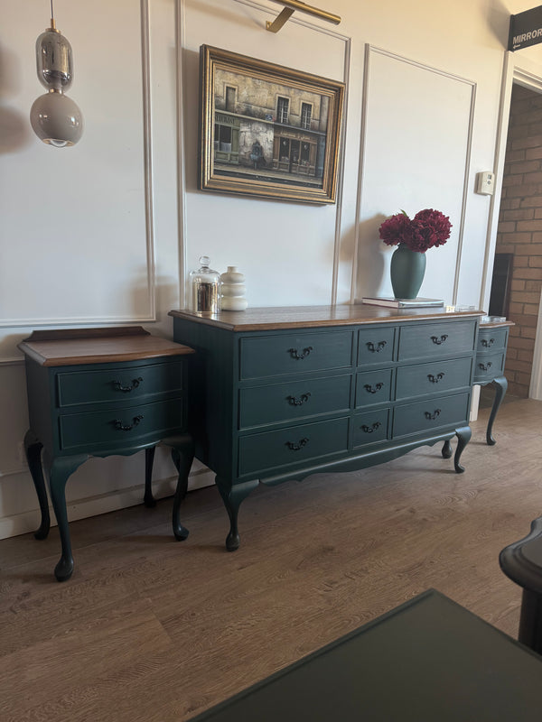 Mid-century dresser and bedside tables green