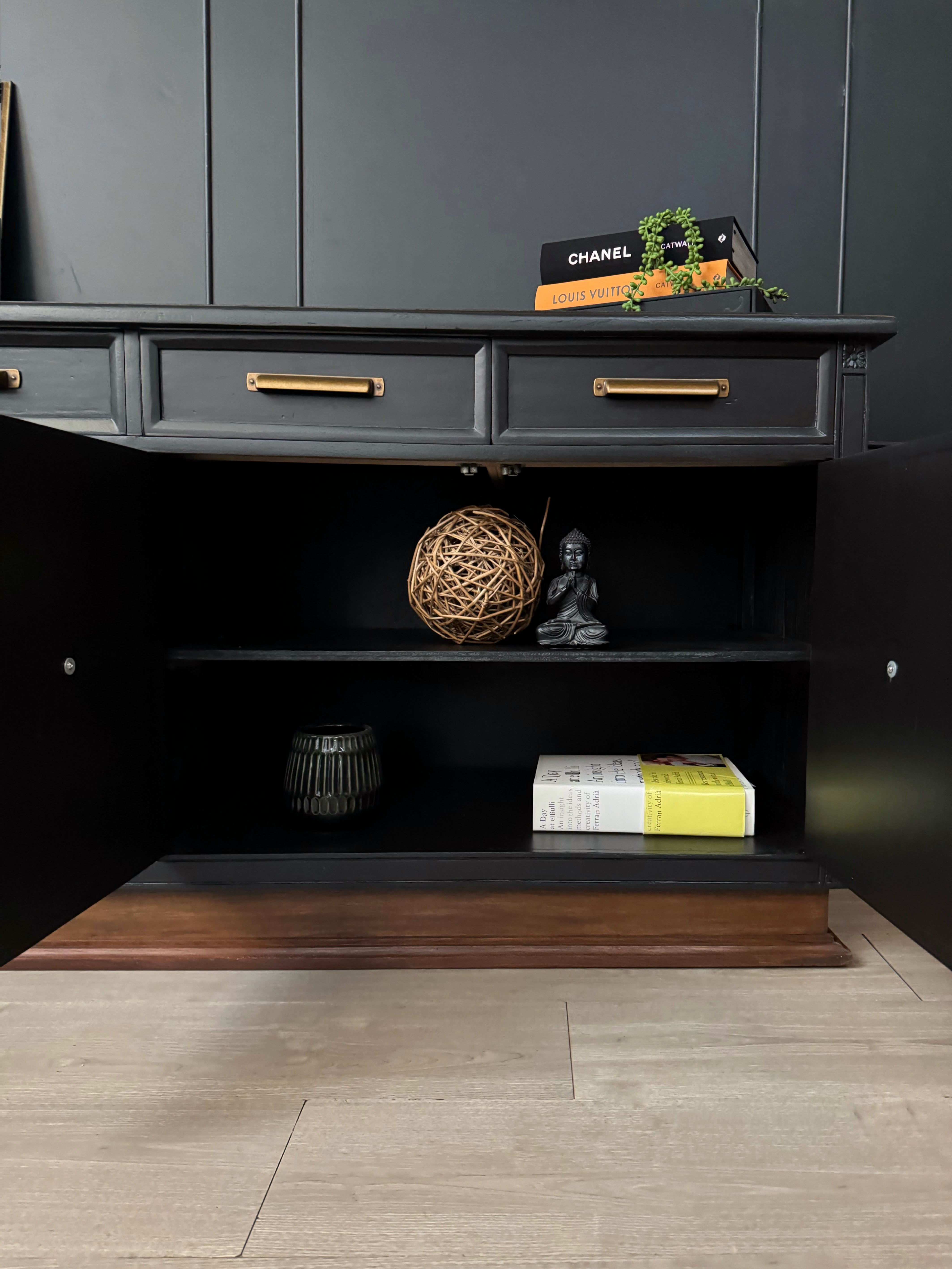 Beautiful black buffet / sideboard with solid wood base