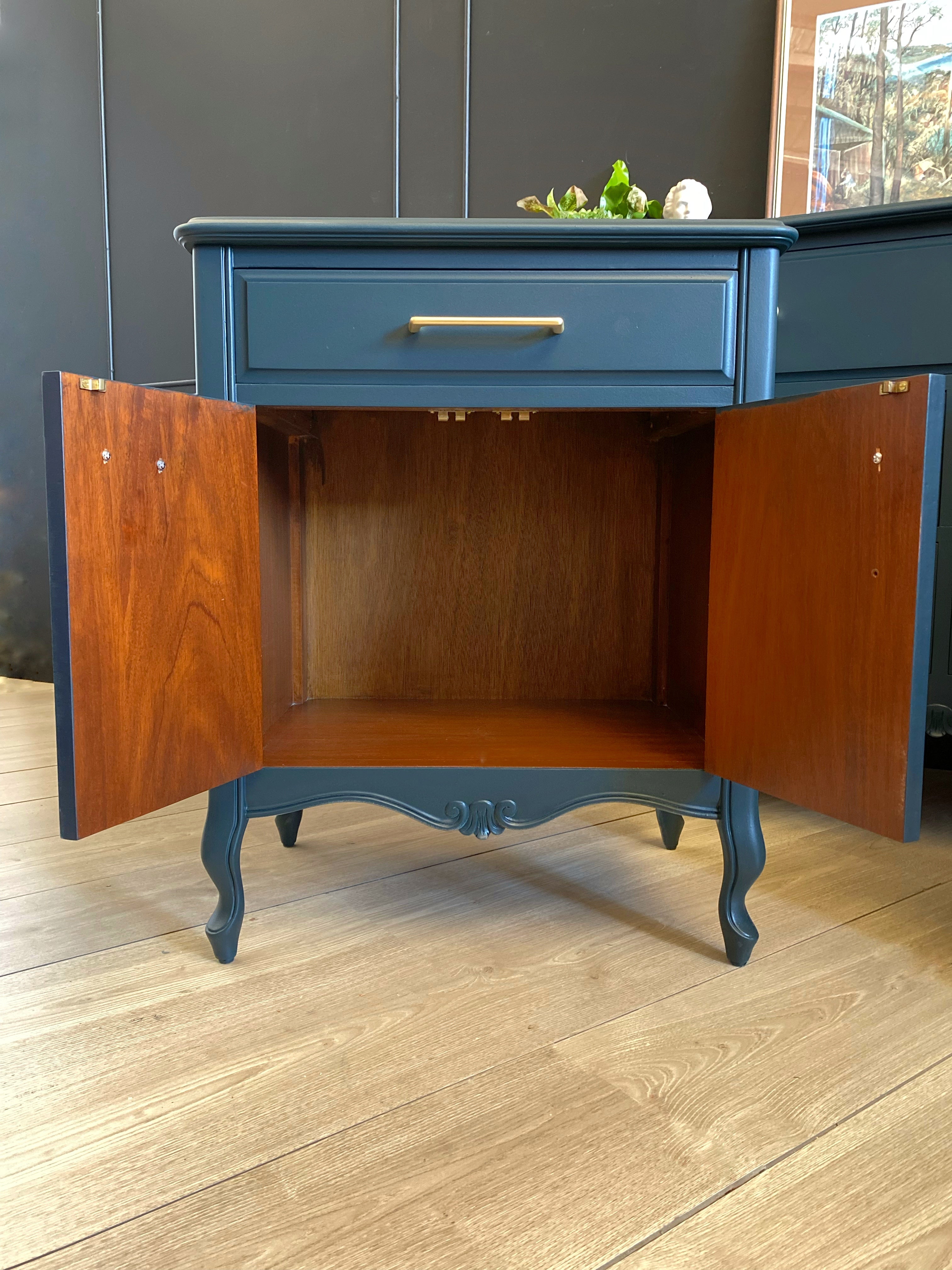 Stunning dark teal blue bedside tables with gorgeous gold hardware