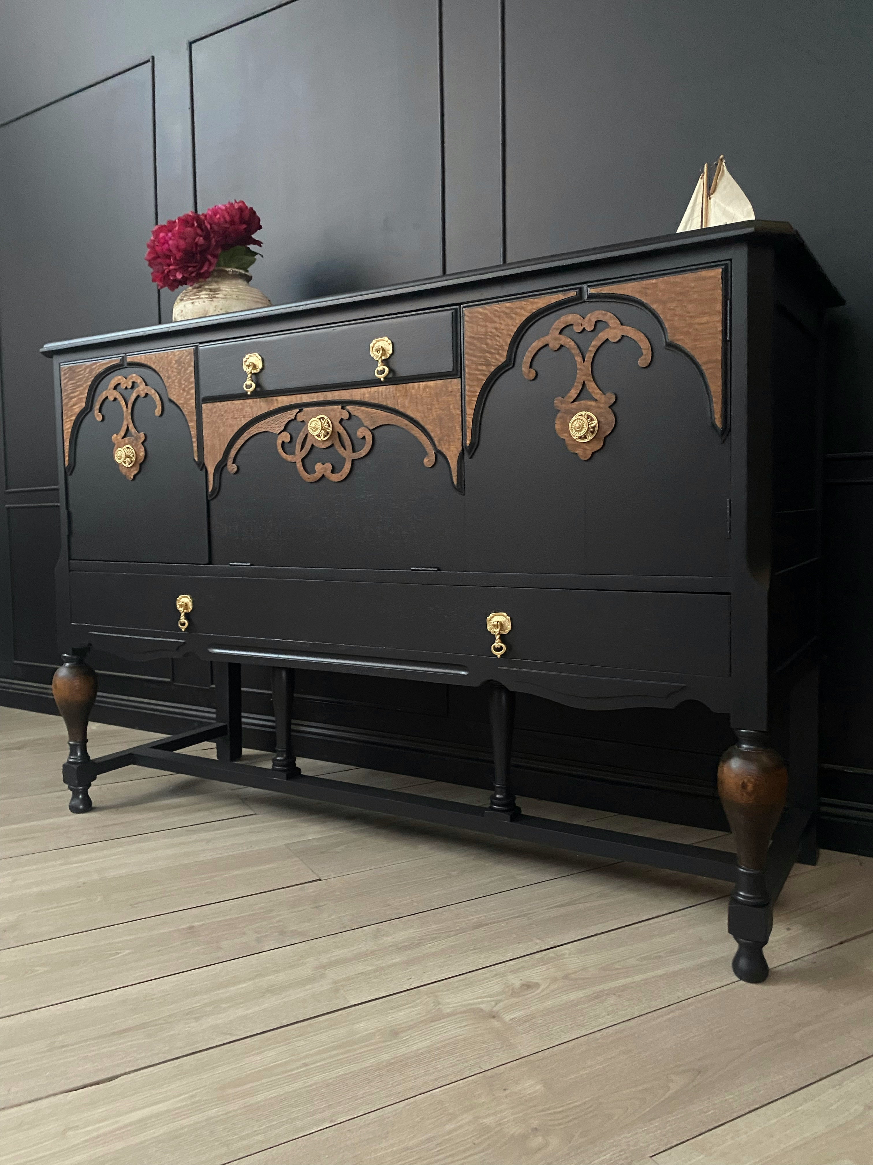 Antique Black Buffet / Sideboard with wood detail