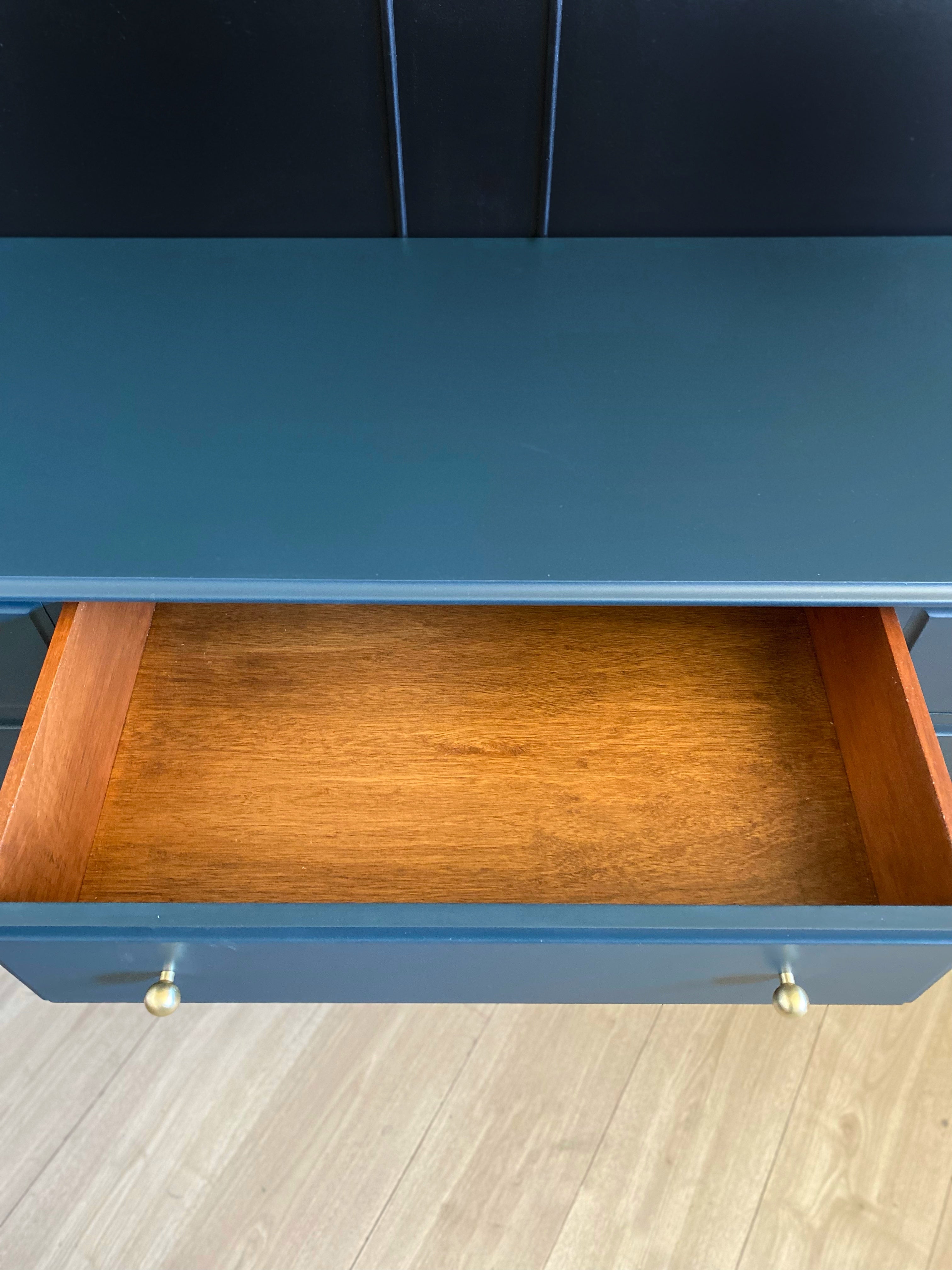 Stunning dark teal blue dresser with gorgeous gold hardware