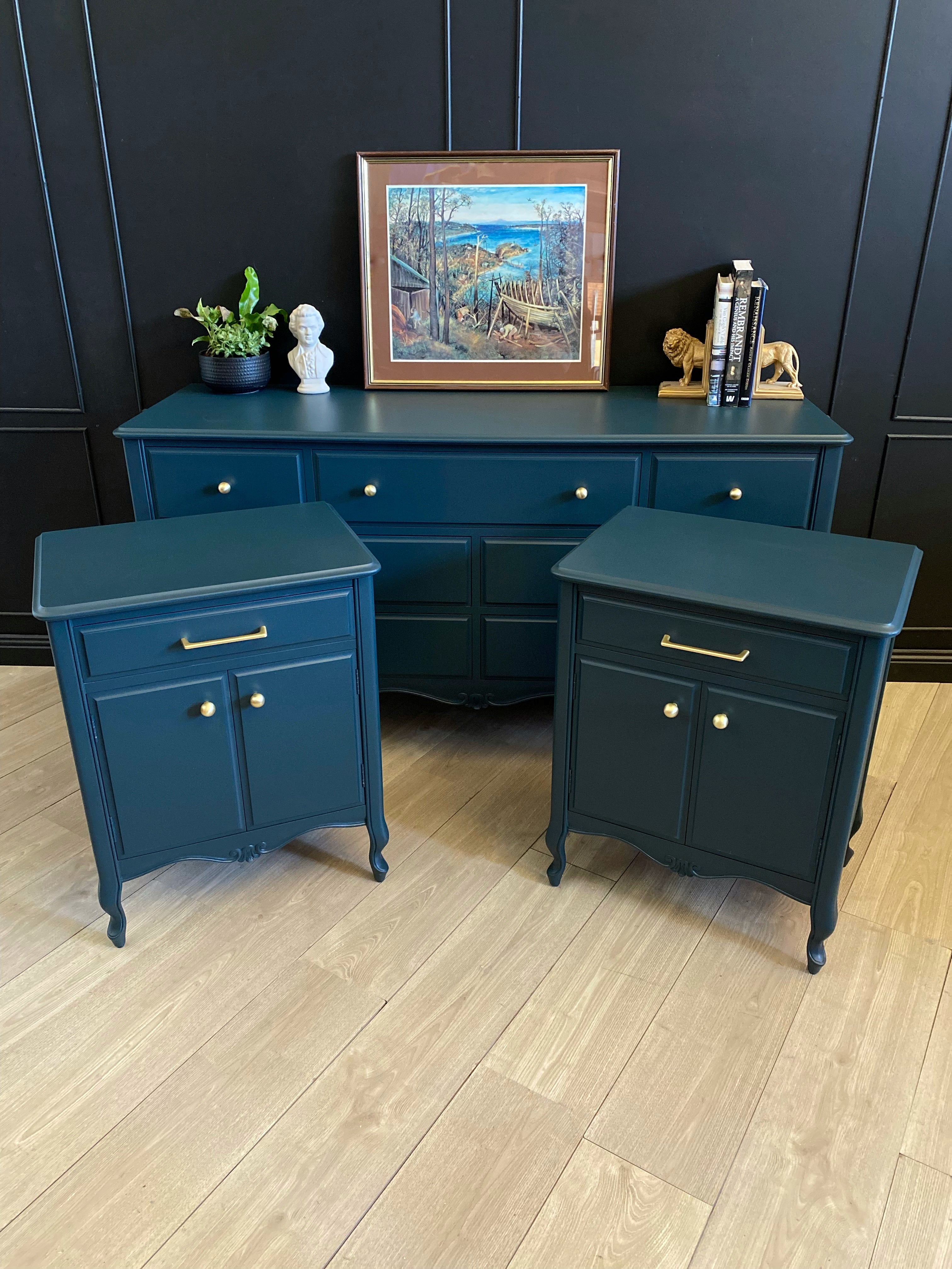 Stunning dark teal blue dresser with gorgeous gold hardware