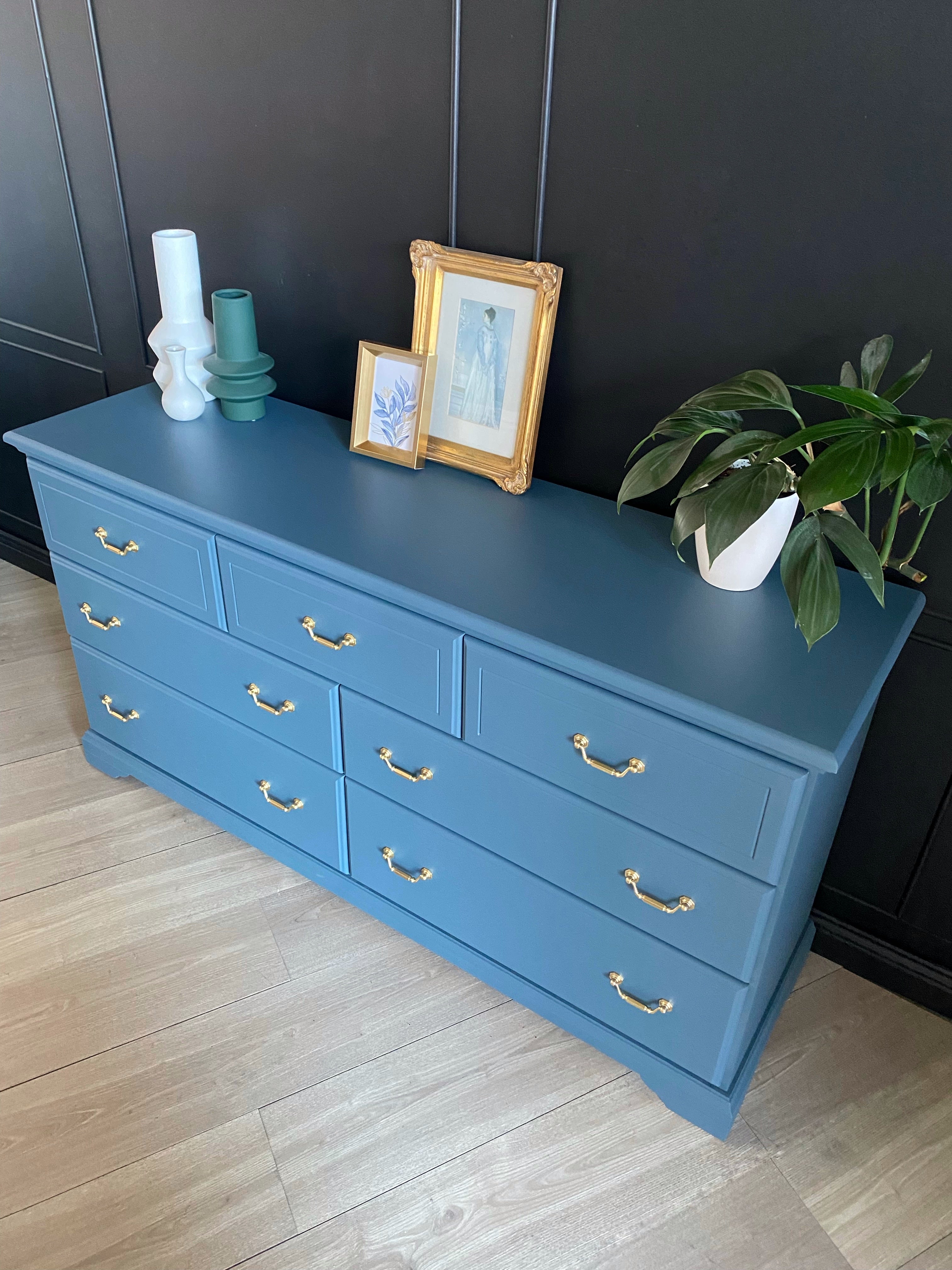 Gorgeous blue dresser with gold feature pulls