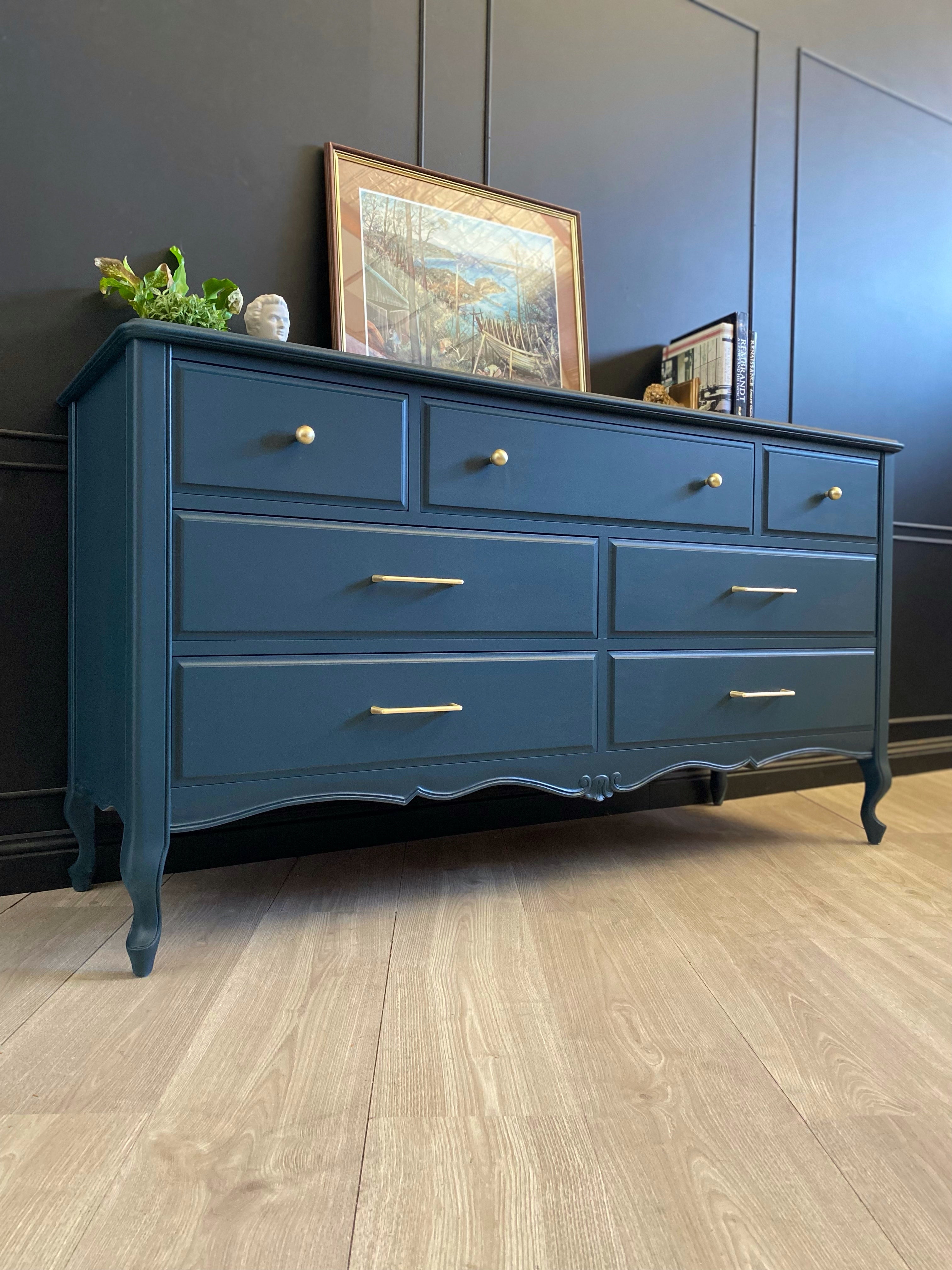 Stunning dark teal blue dresser with gorgeous gold hardware