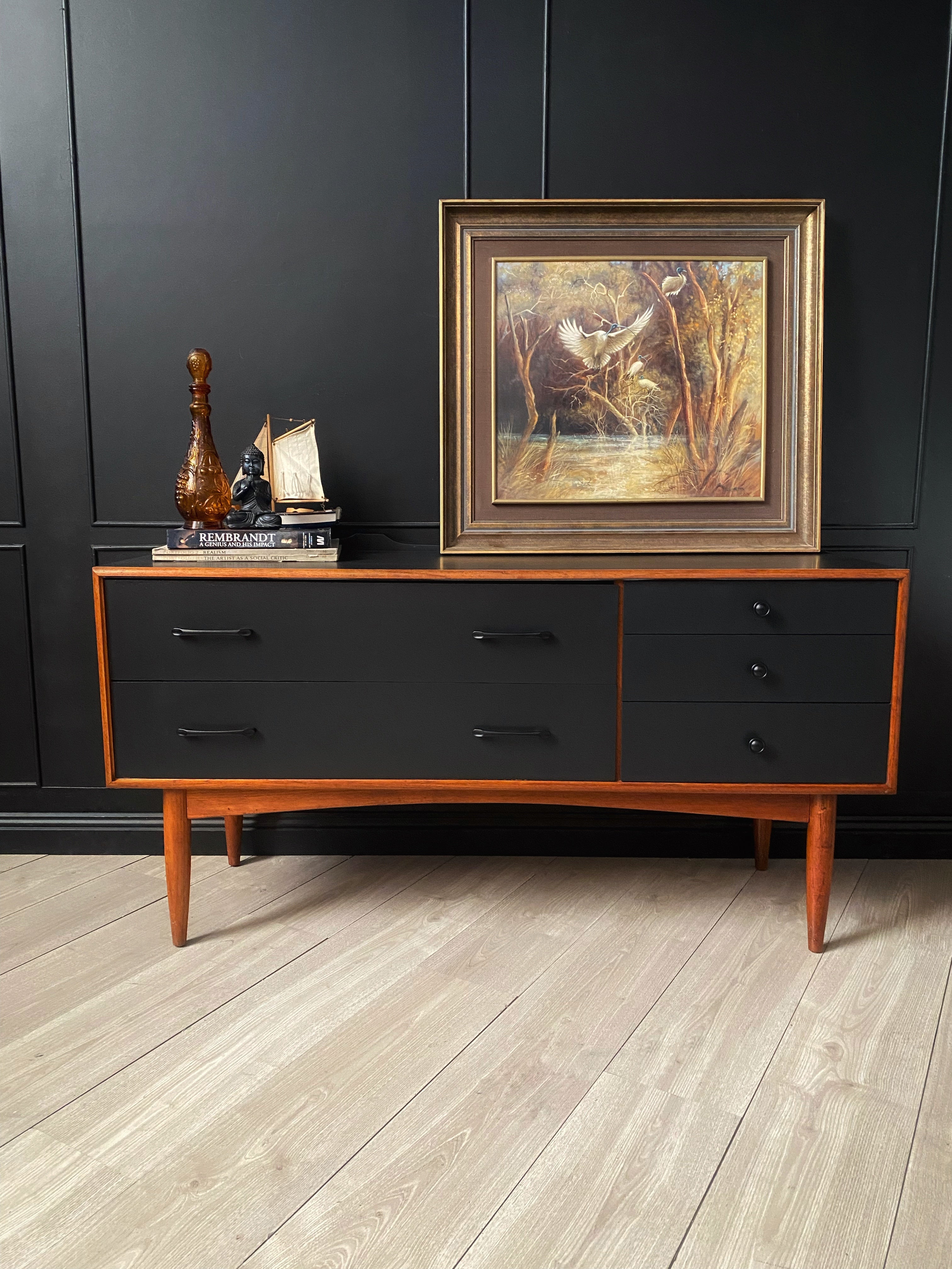 Black and wood mid century drawers with black handles