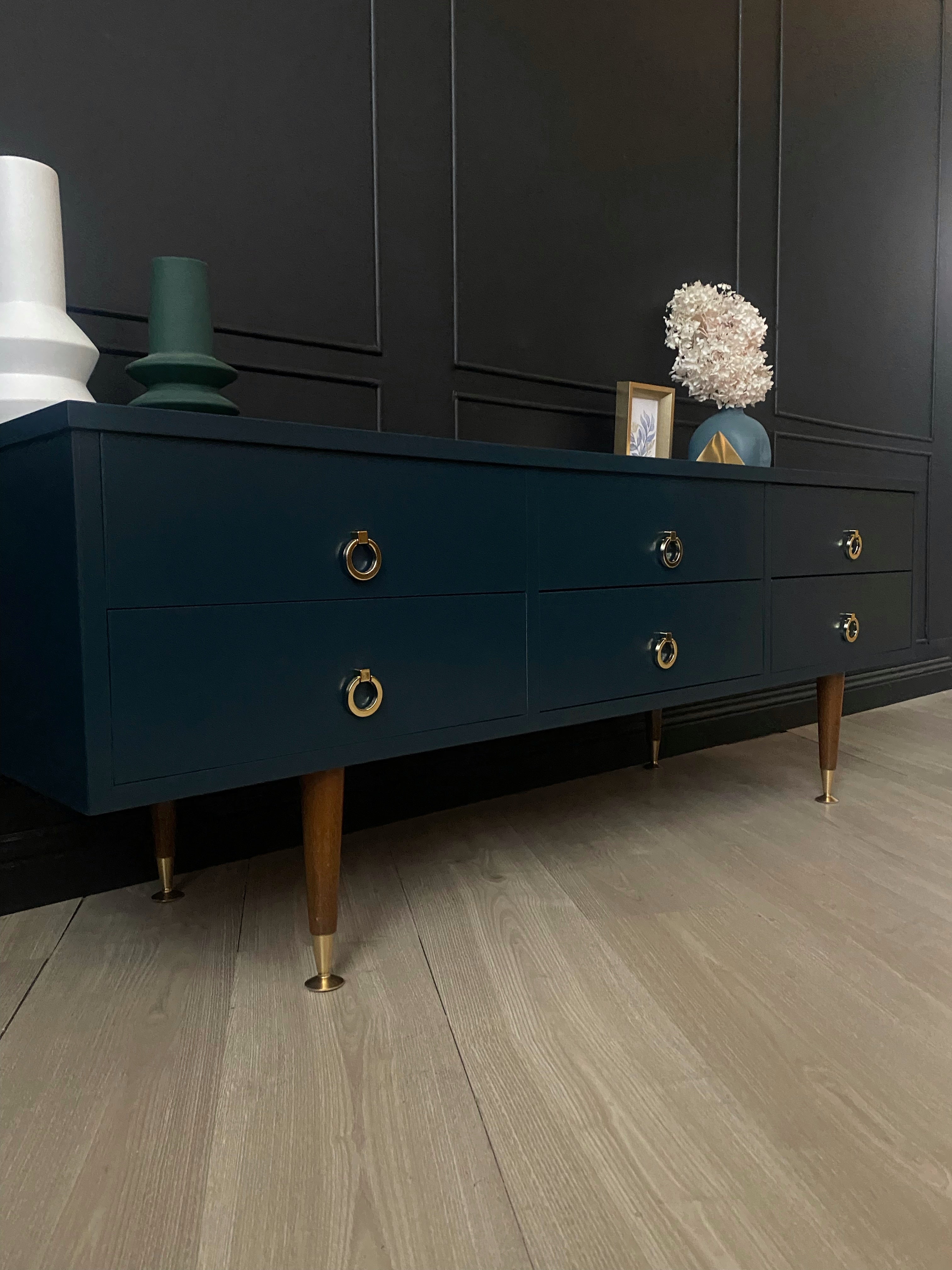 Blue mid century lowline cabinet / dresser