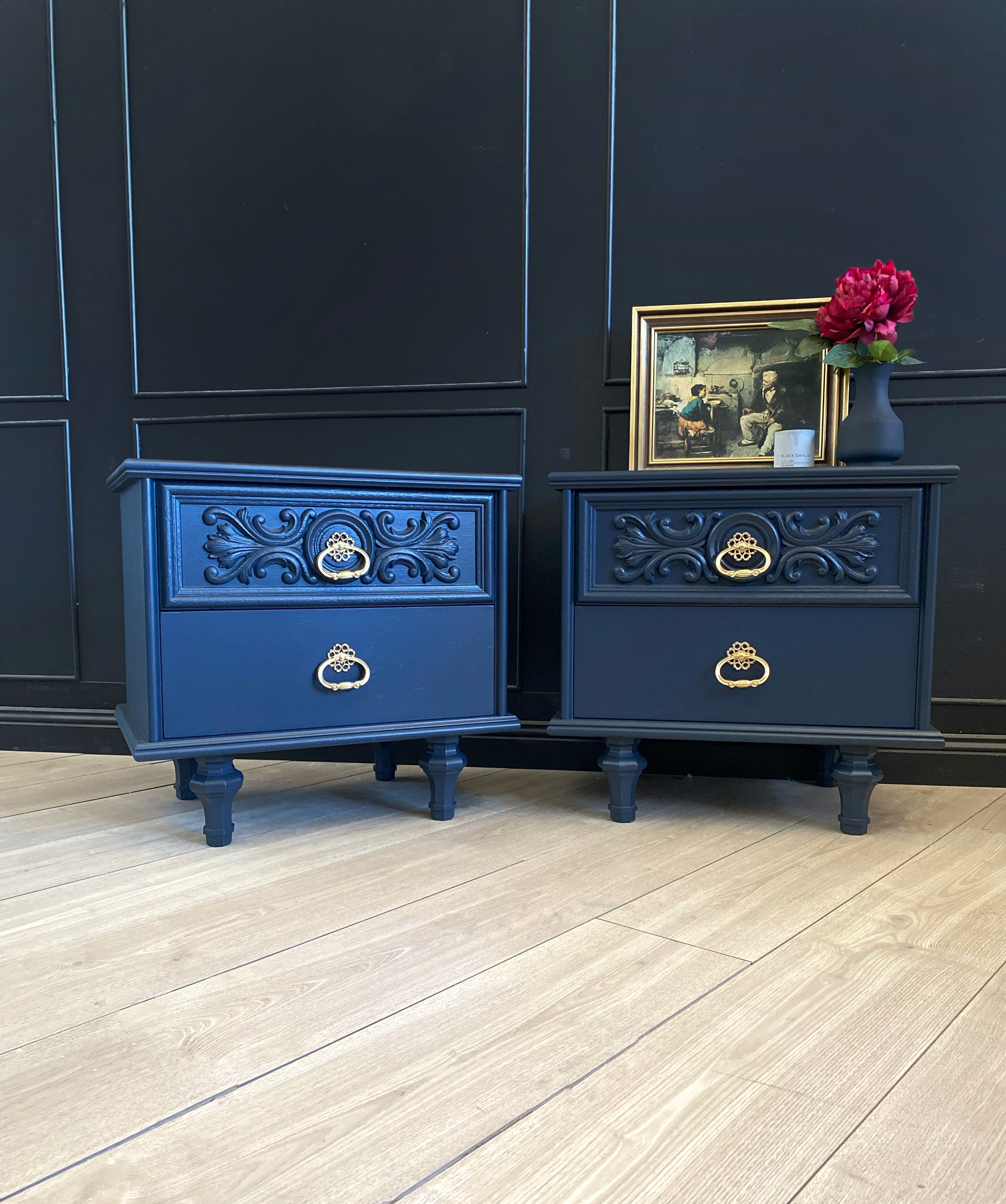 ‘Hayson’ Blue with Gold handles bedside tables