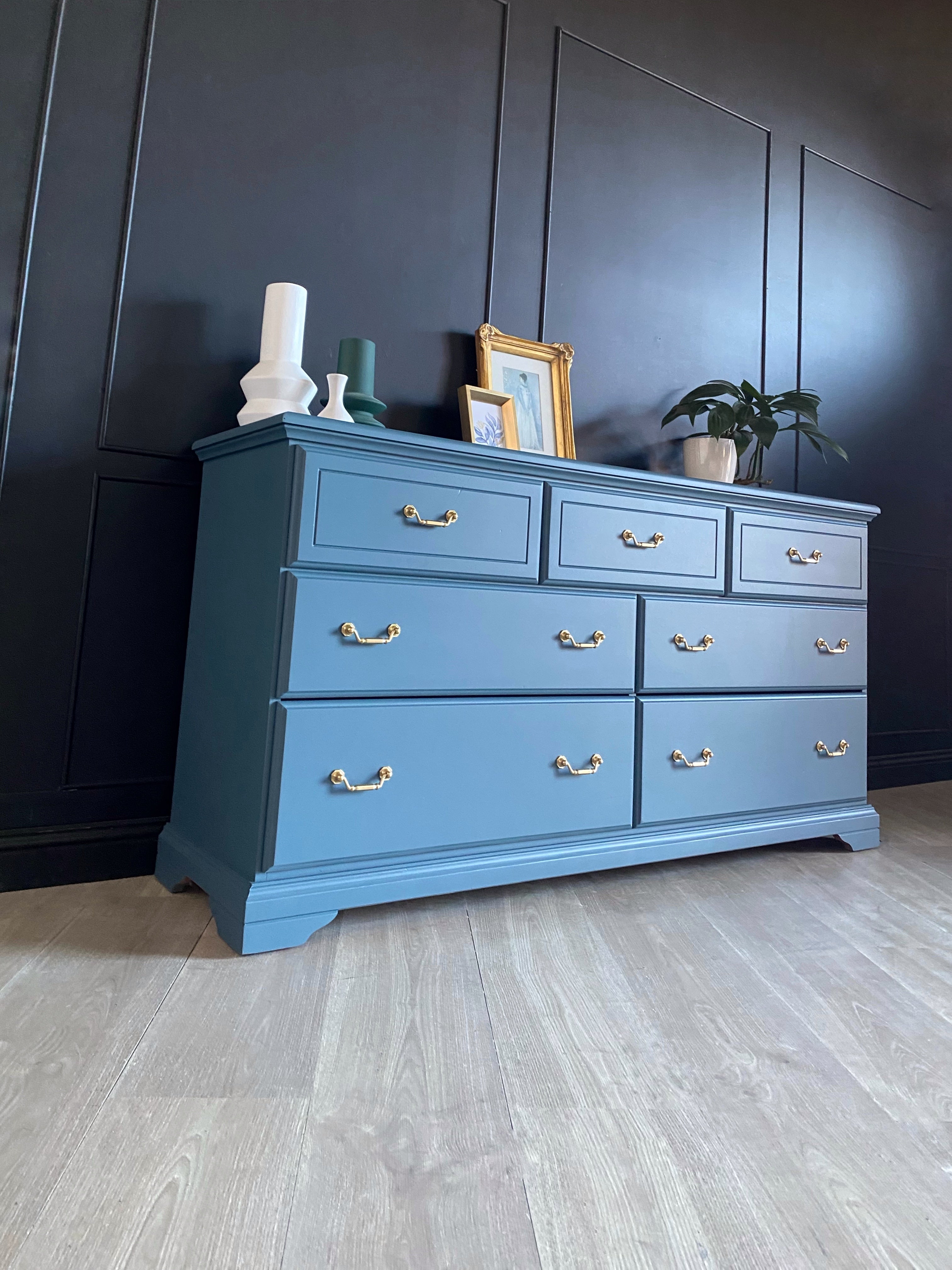 Gorgeous blue dresser with gold feature pulls