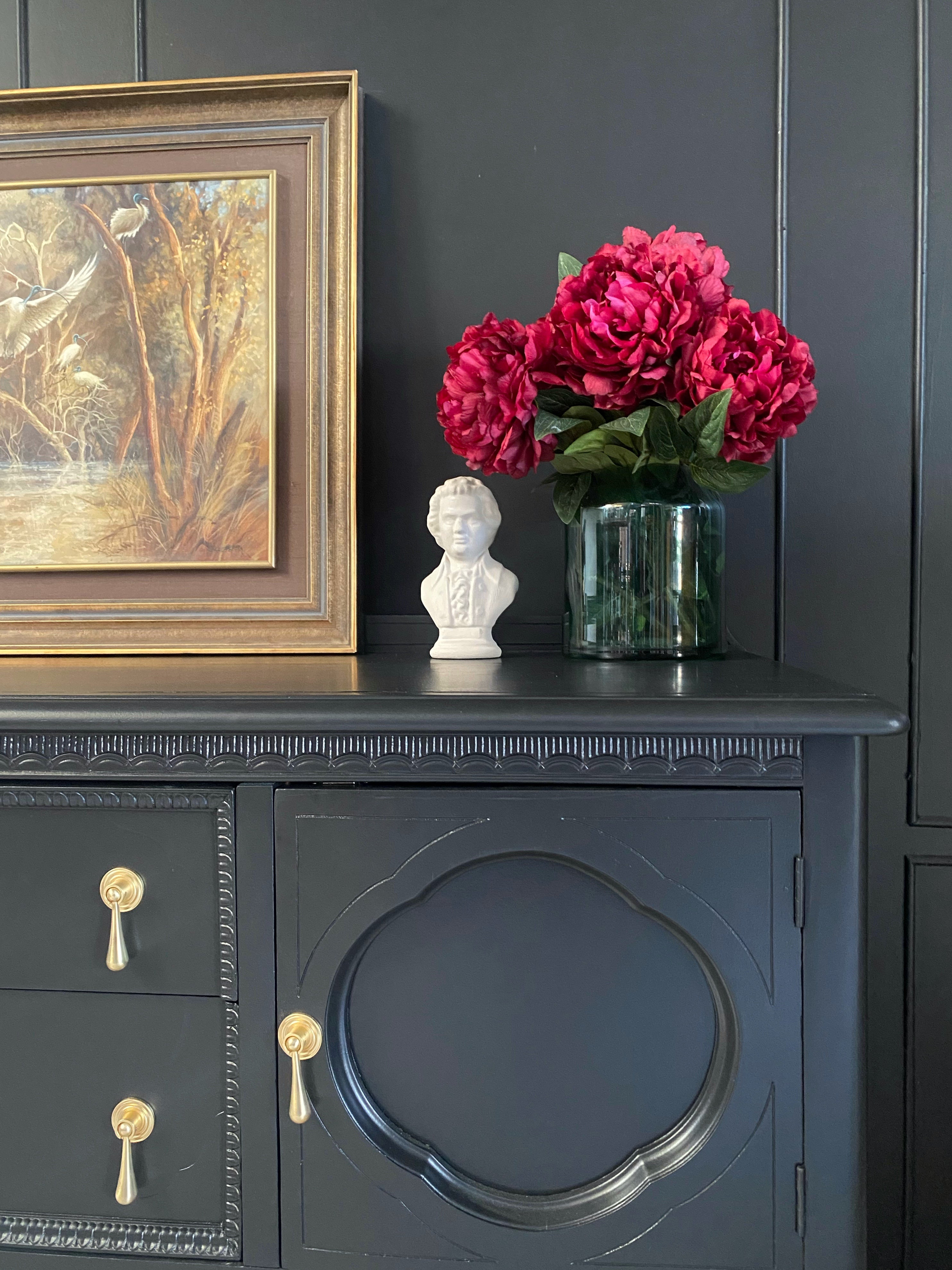 Elegant black sideboard with gorgeous brass drop handles
