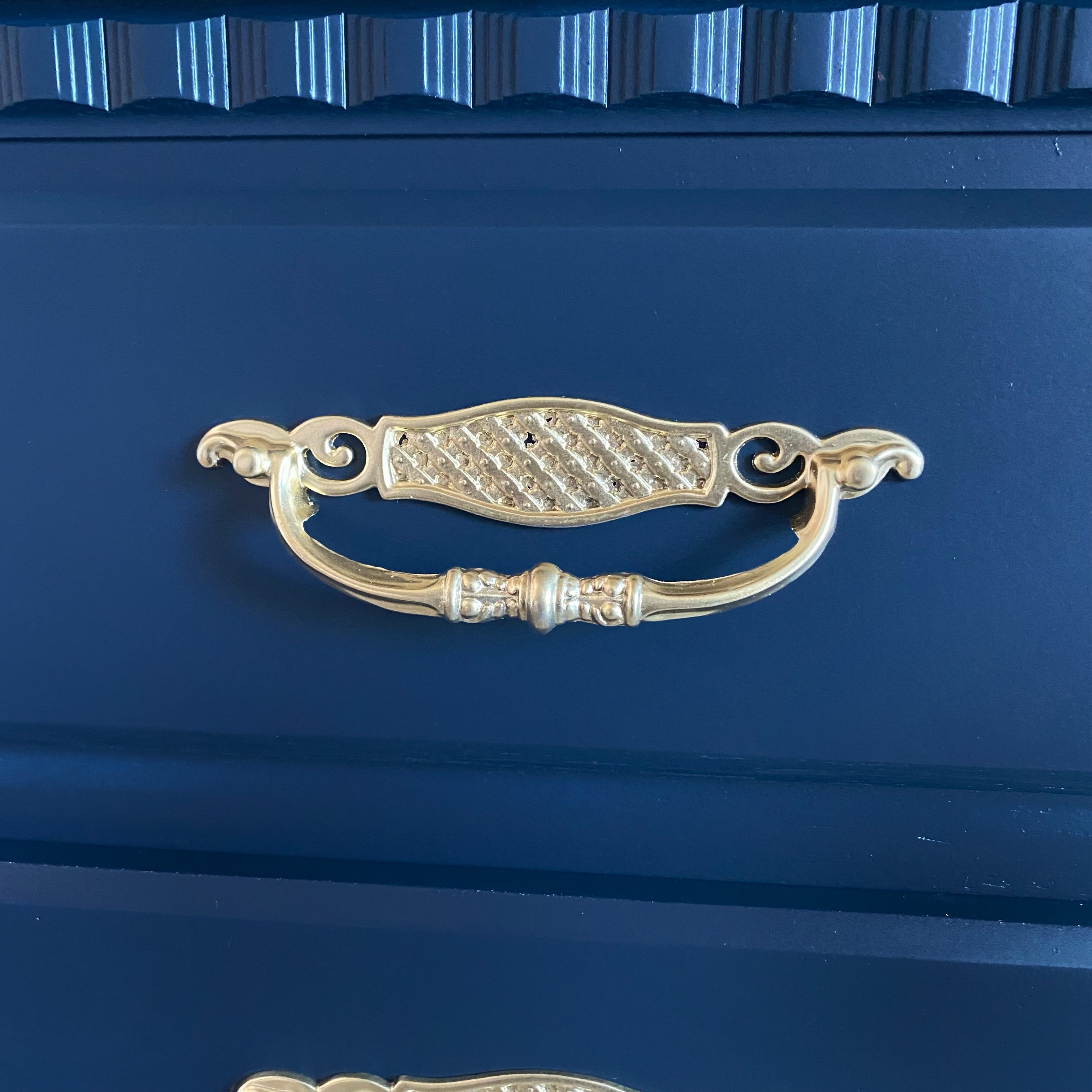 Dark Blue dresser with gold hardware and legs