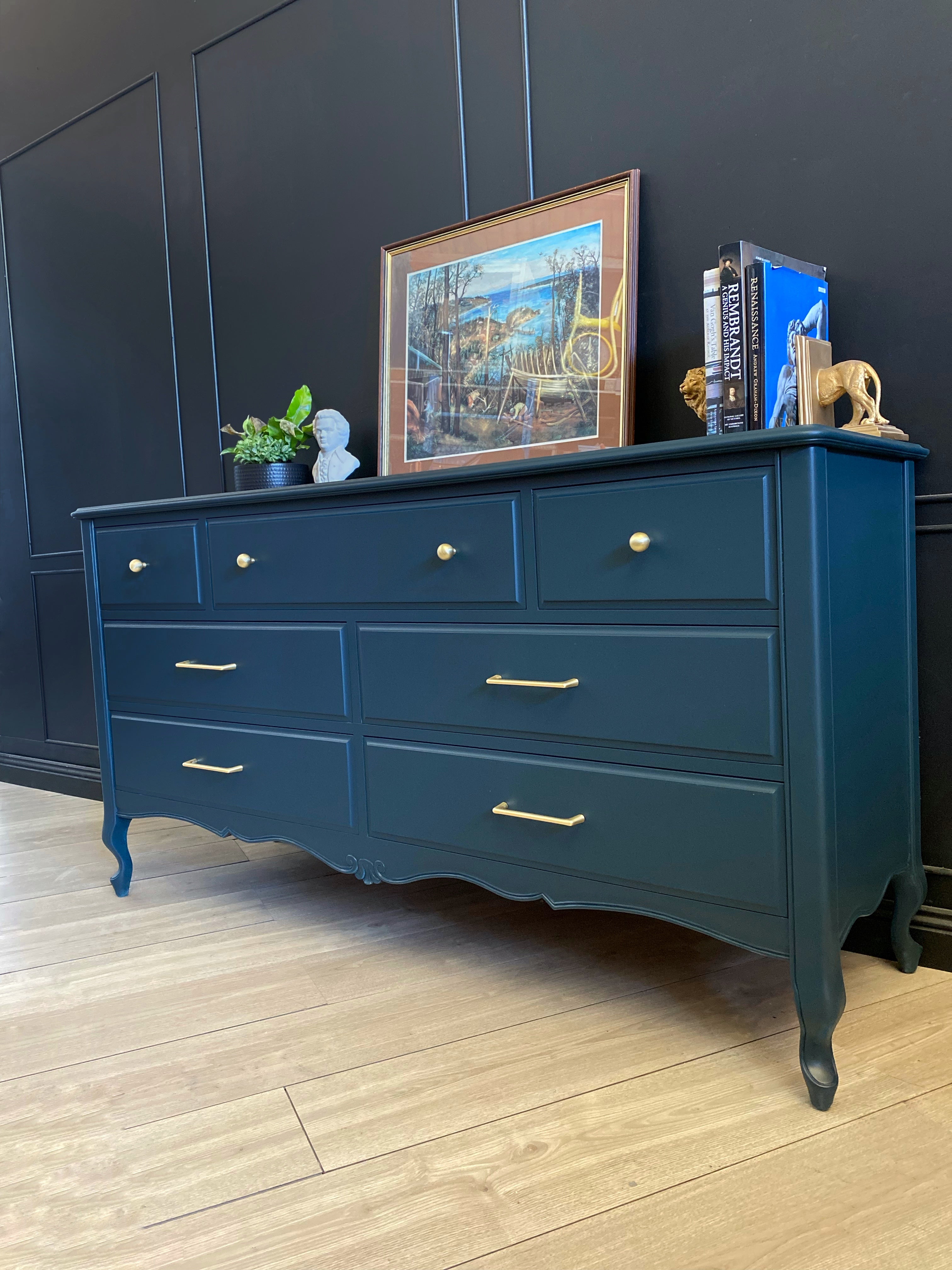 Stunning dark teal blue dresser with gorgeous gold hardware