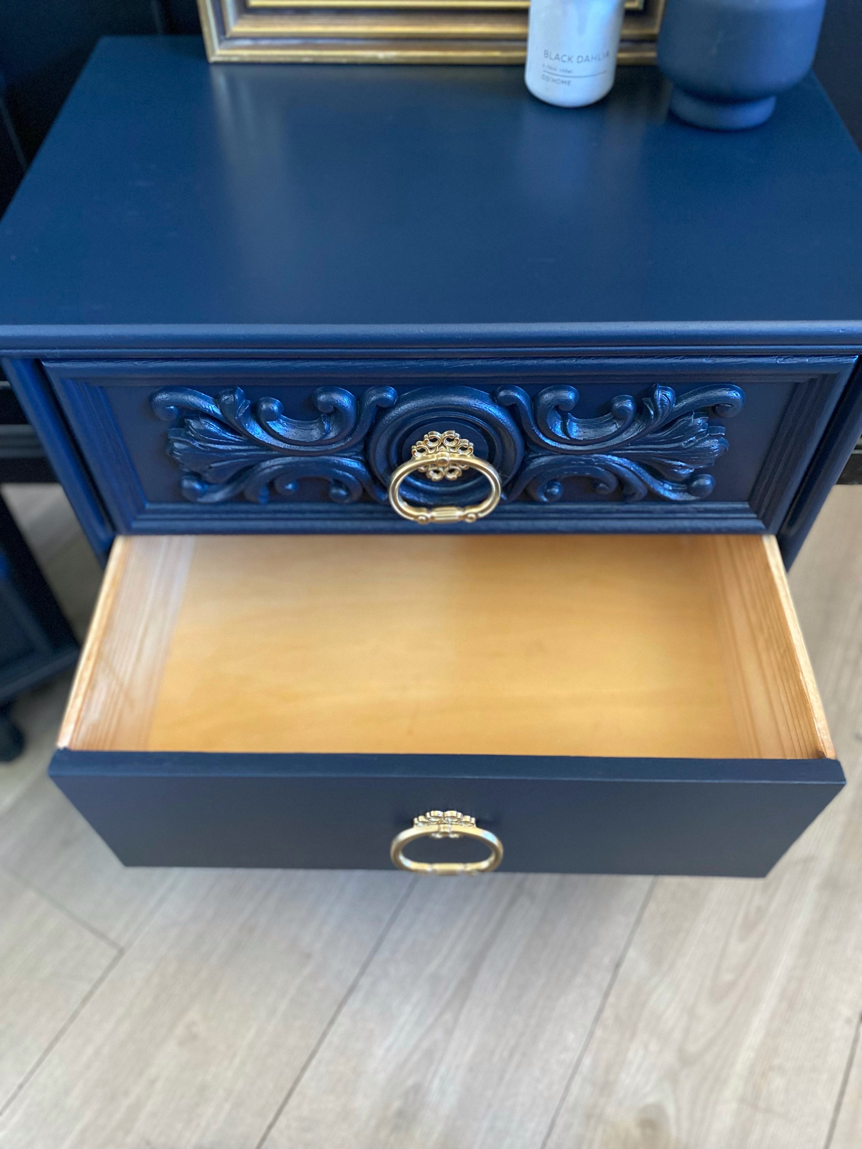 ‘Hayson’ Blue with Gold handles bedside tables