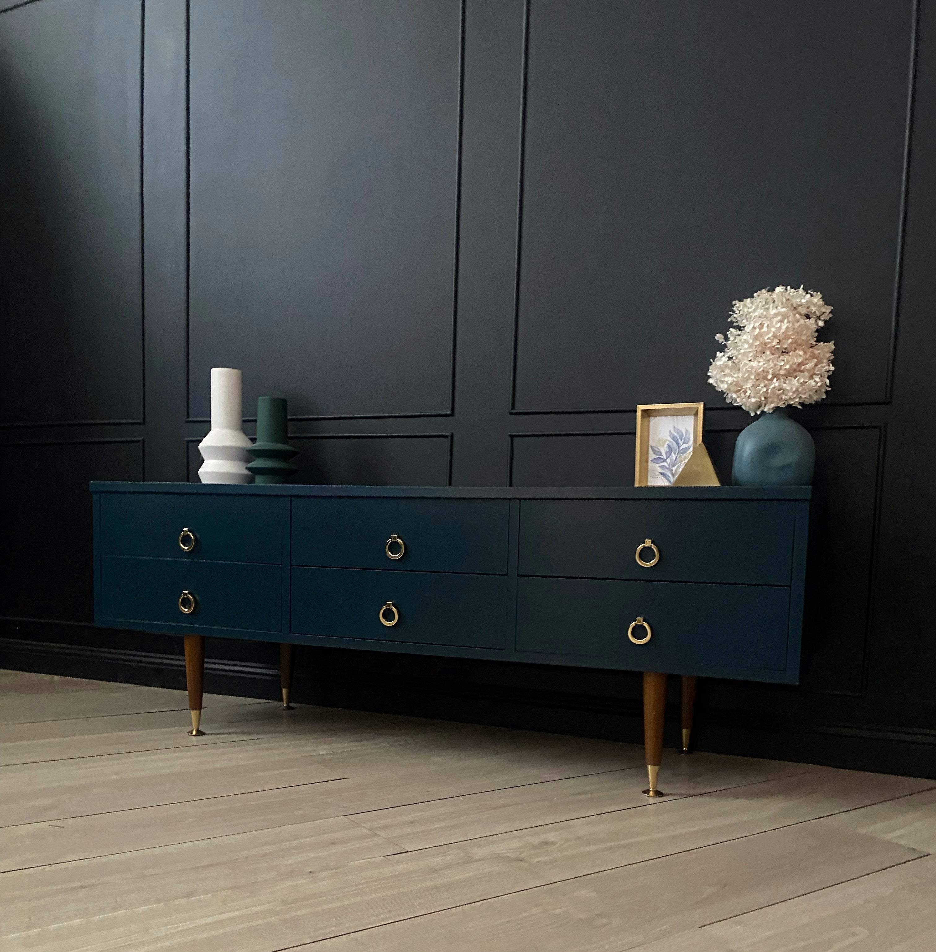 Blue mid century lowline cabinet / dresser