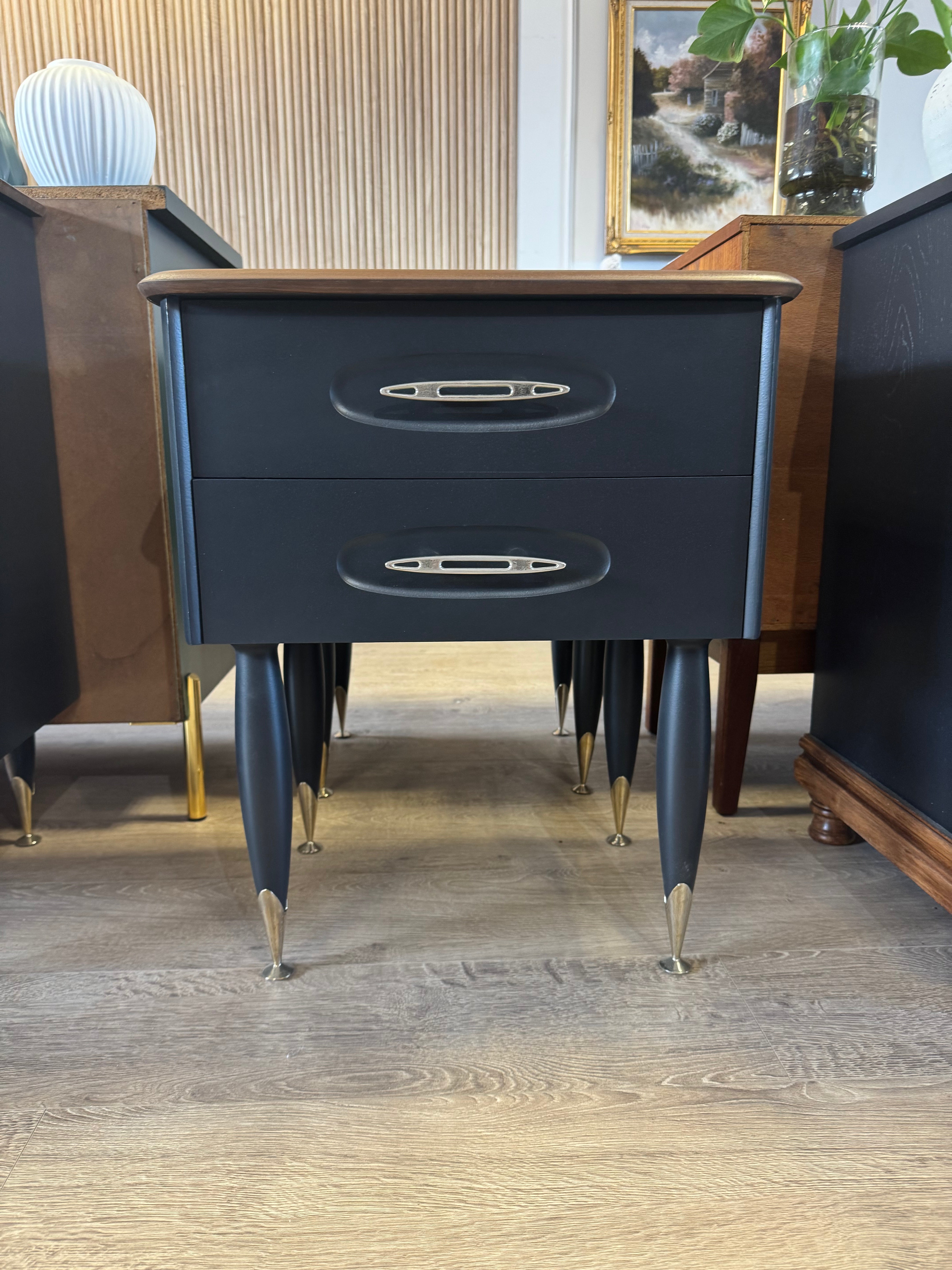 'Burgess Furniture' Bedside Tables with Atomic Legs
