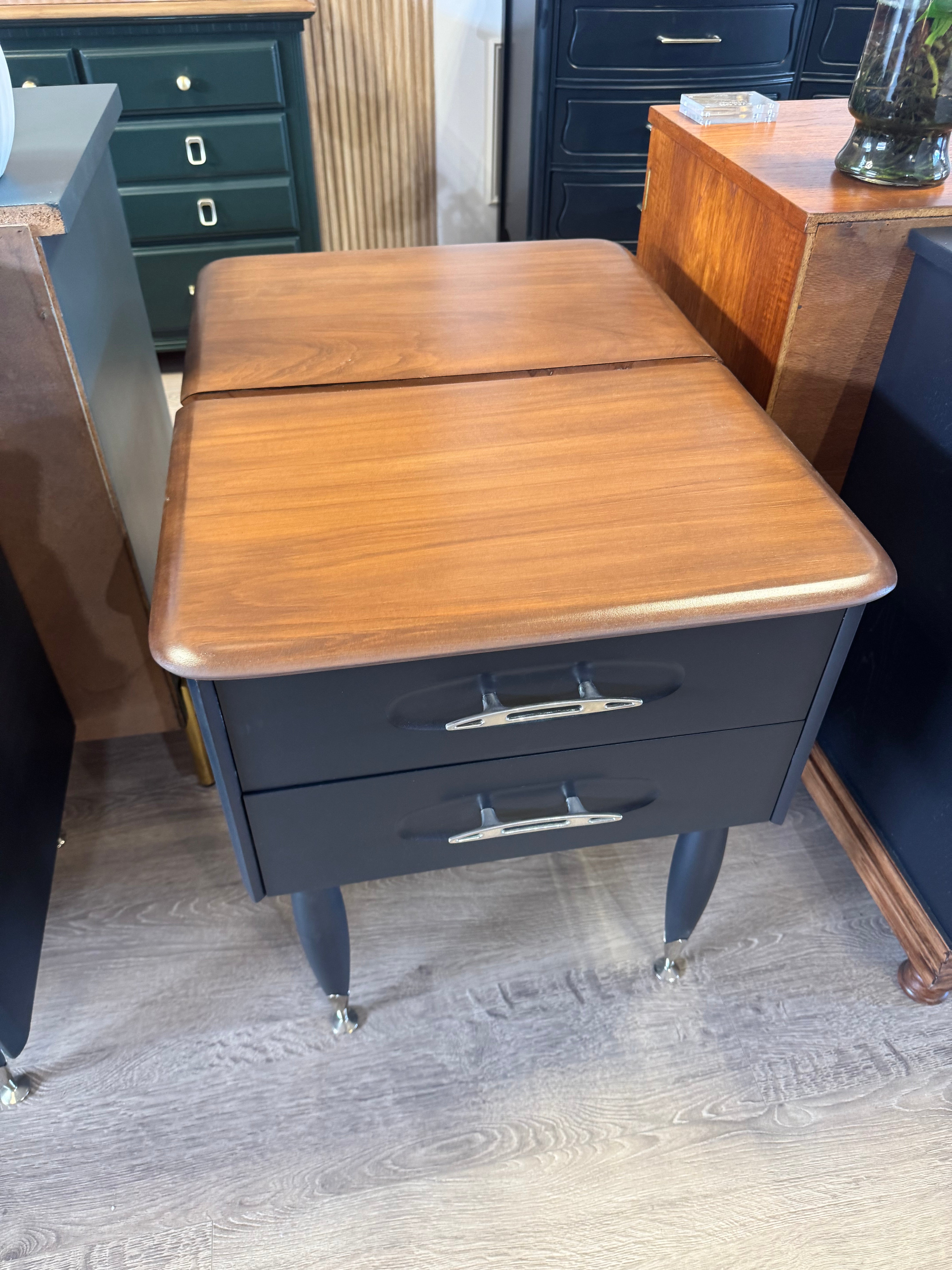 'Burgess Furniture' Bedside Tables with Atomic Legs
