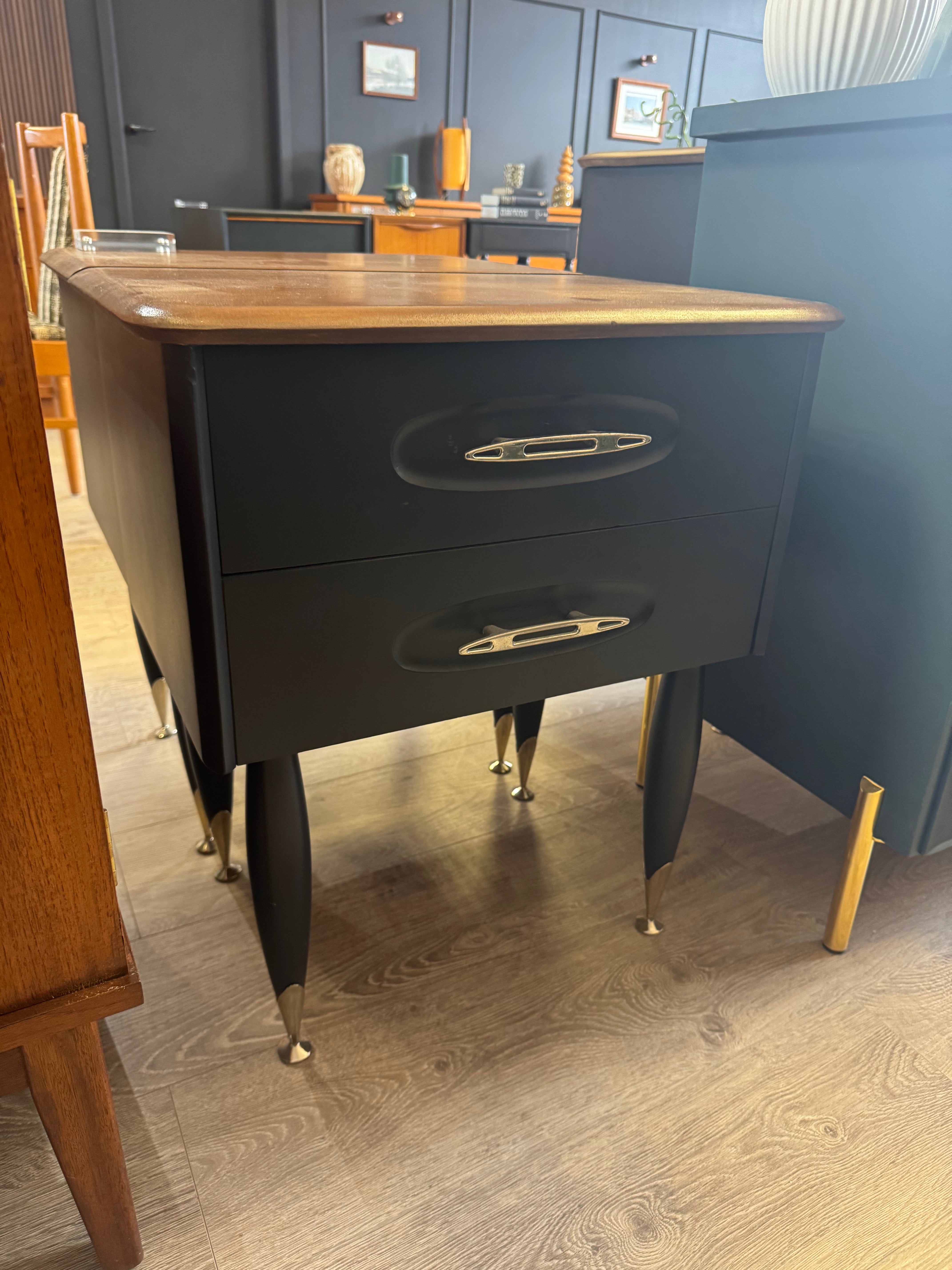 'Burgess Furniture' Bedside Tables with Atomic Legs