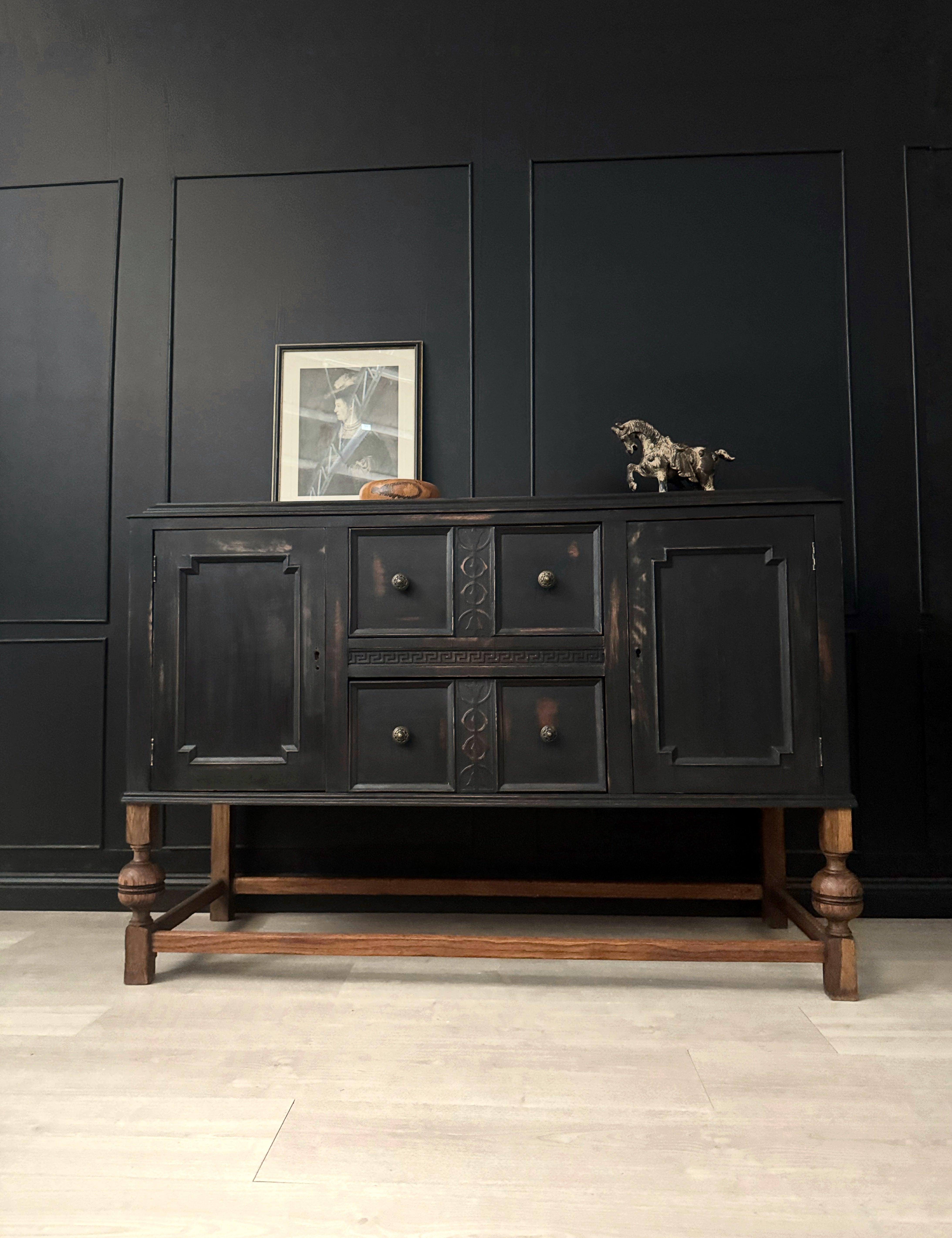 Black distressed Jacobean buffet / sideboard with stunning legs and beautiful hardware