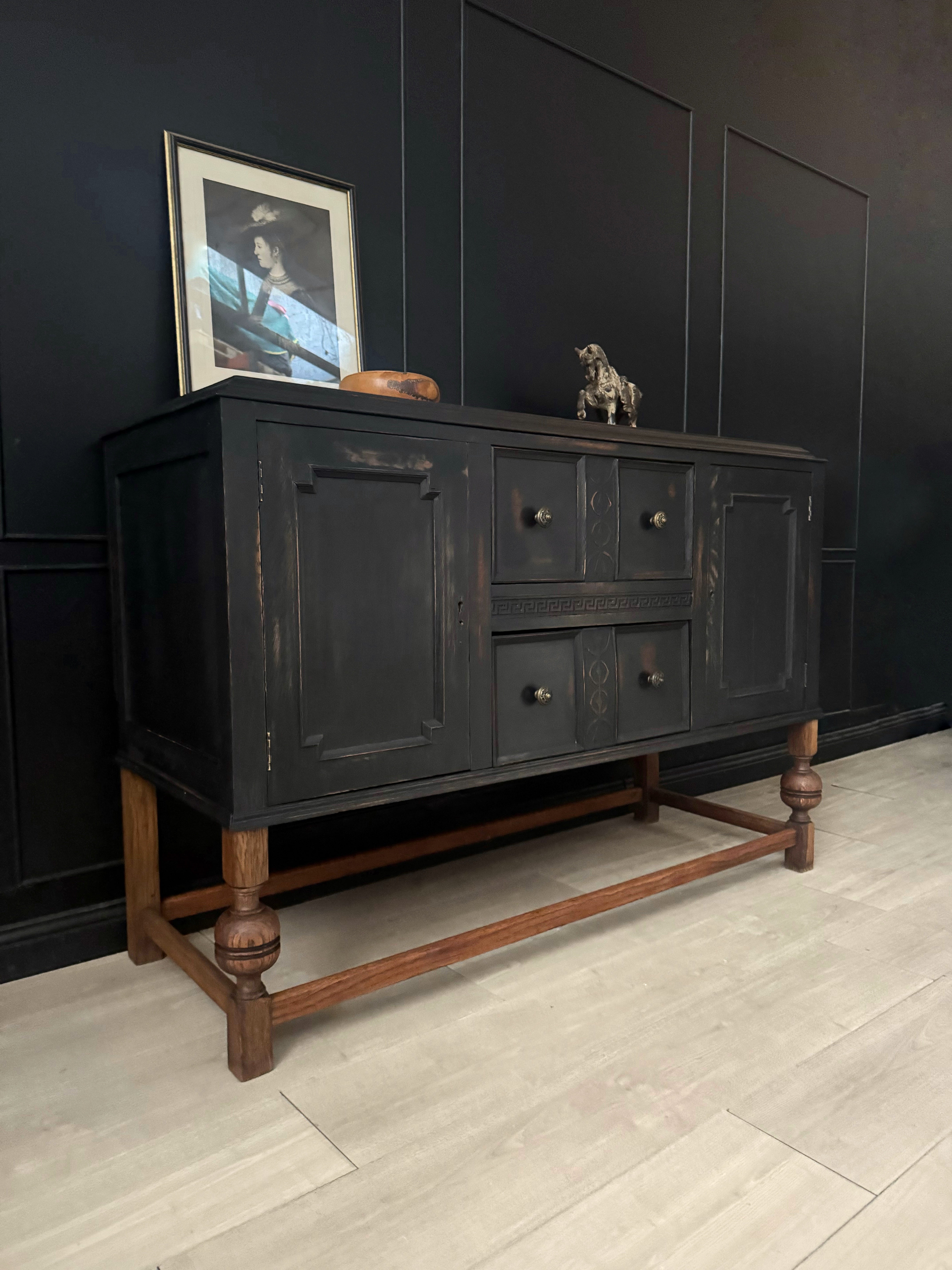 Black distressed Jacobean buffet / sideboard with stunning legs and beautiful hardware