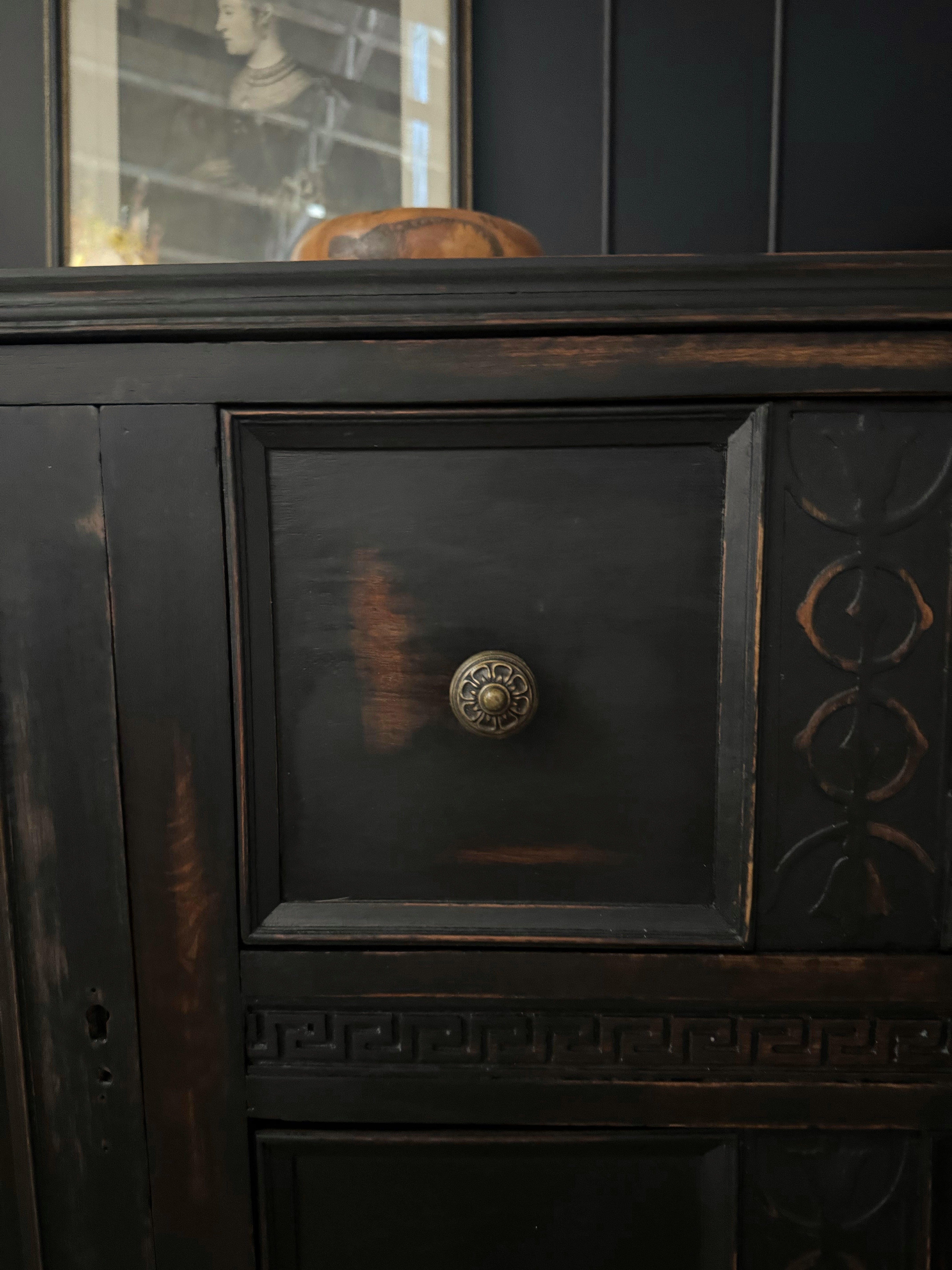 Black distressed Jacobean buffet / sideboard with stunning legs and beautiful hardware