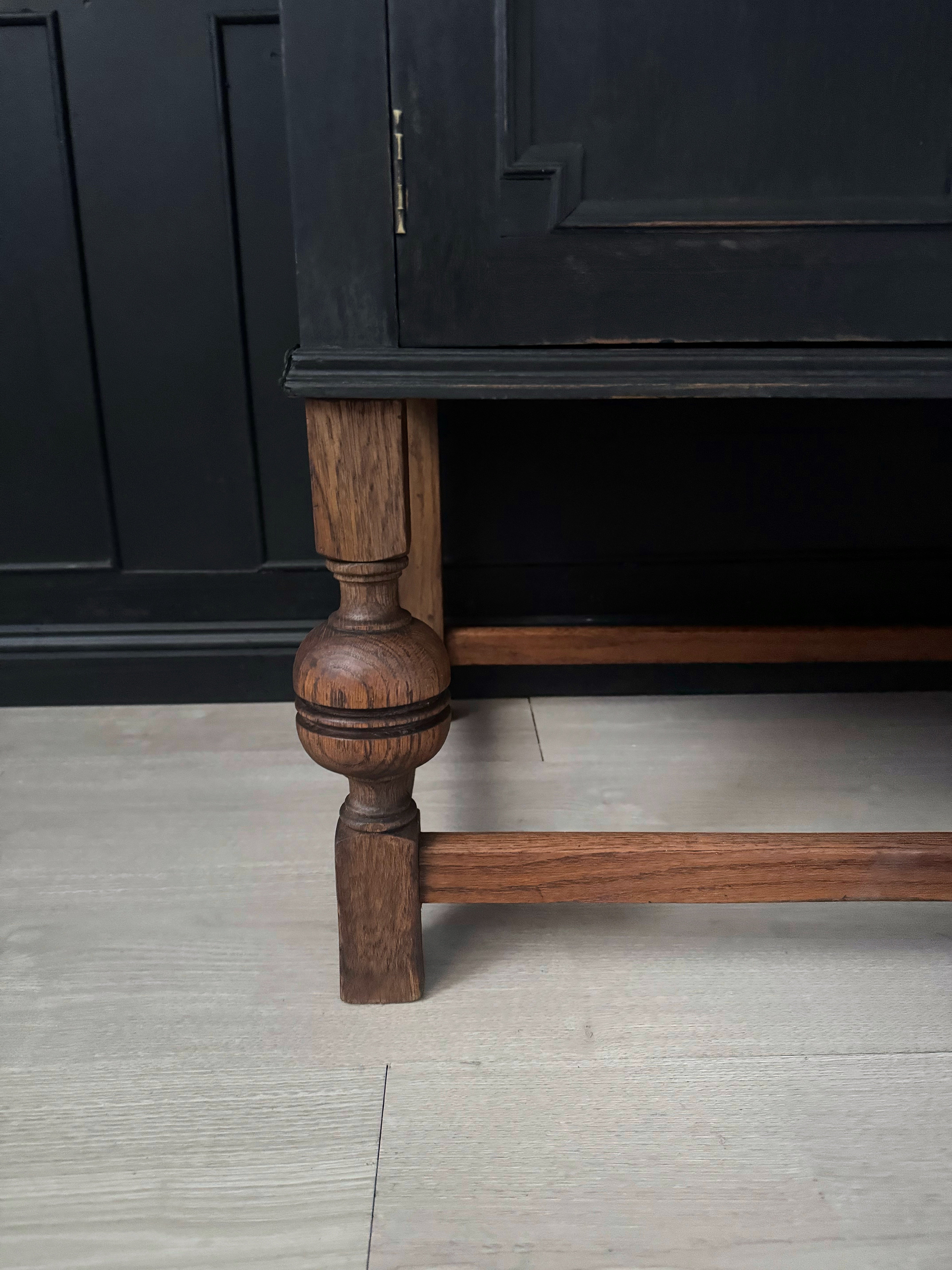 Black distressed Jacobean buffet / sideboard with stunning legs and beautiful hardware