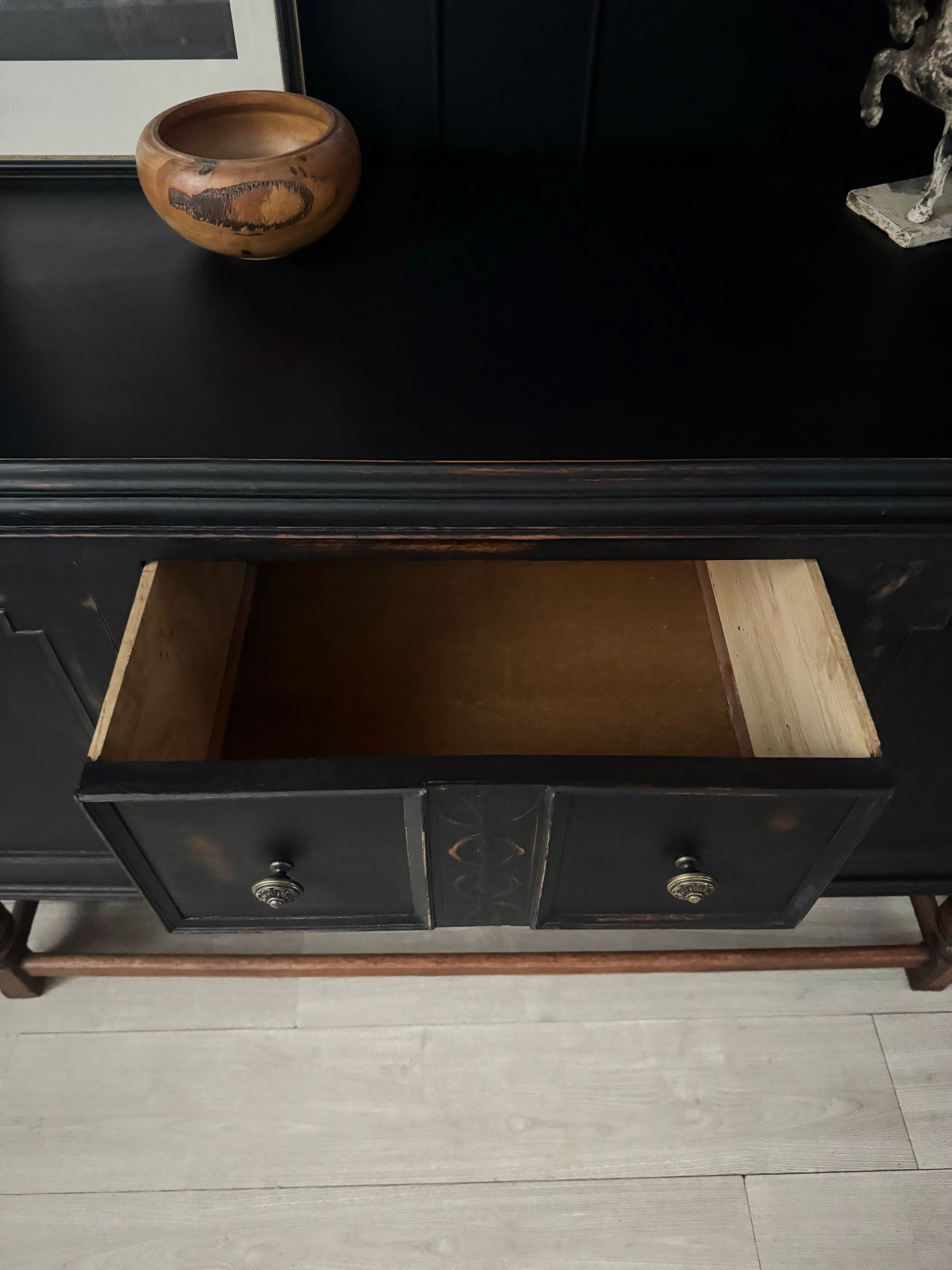 Black distressed Jacobean buffet / sideboard with stunning legs and beautiful hardware