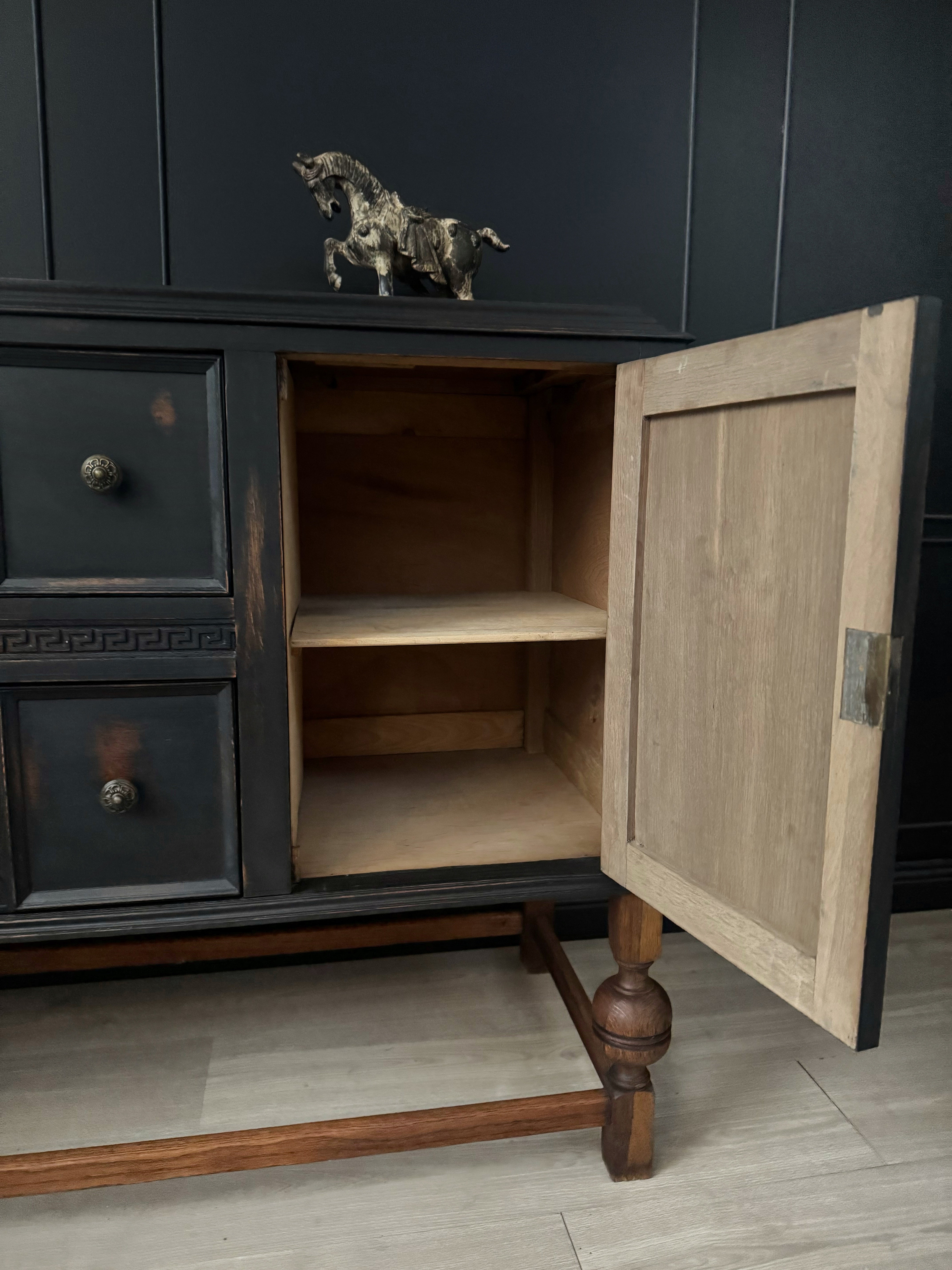 Black distressed Jacobean buffet / sideboard with stunning legs and beautiful hardware