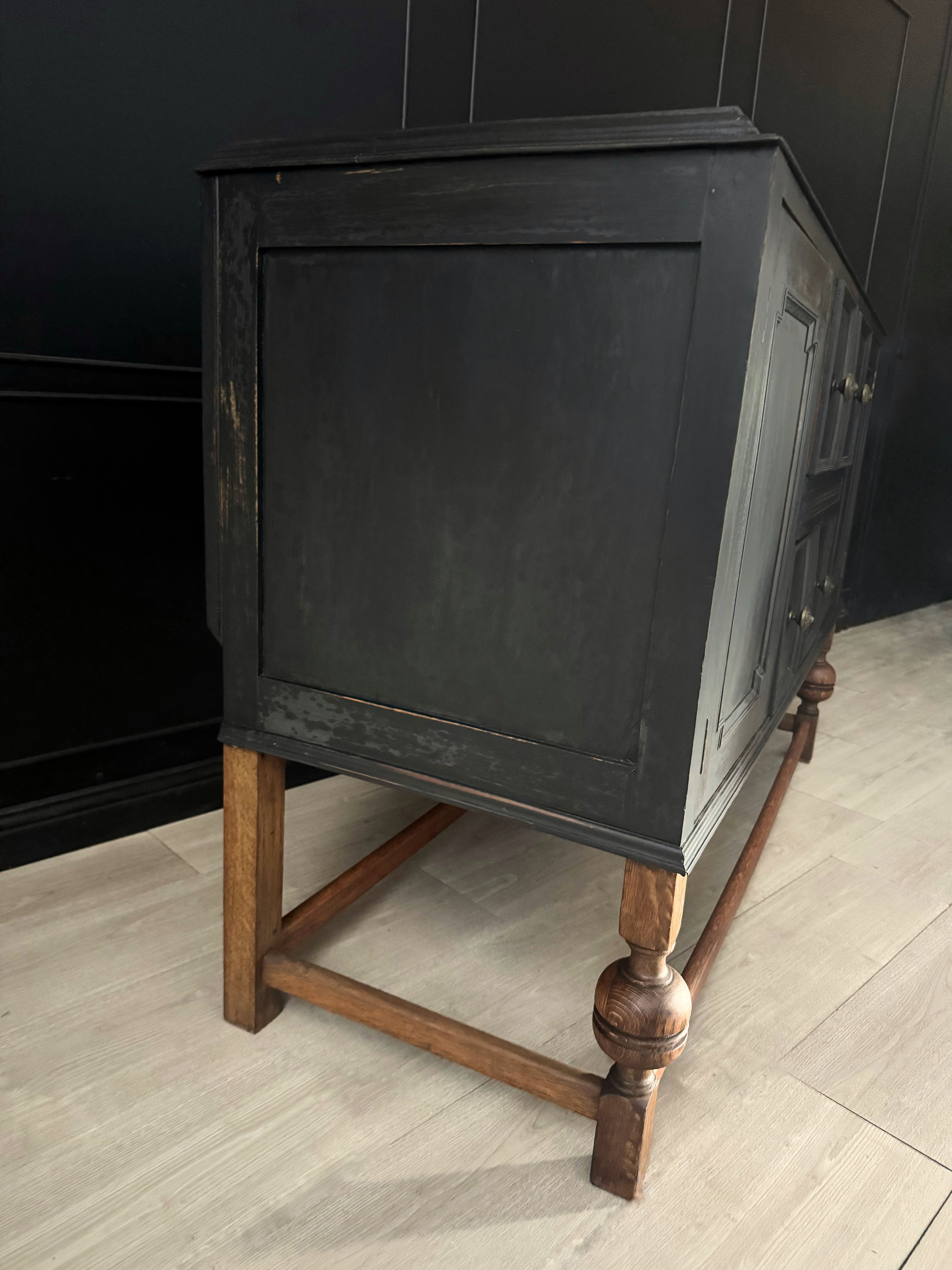 Black distressed Jacobean buffet / sideboard with stunning legs and beautiful hardware
