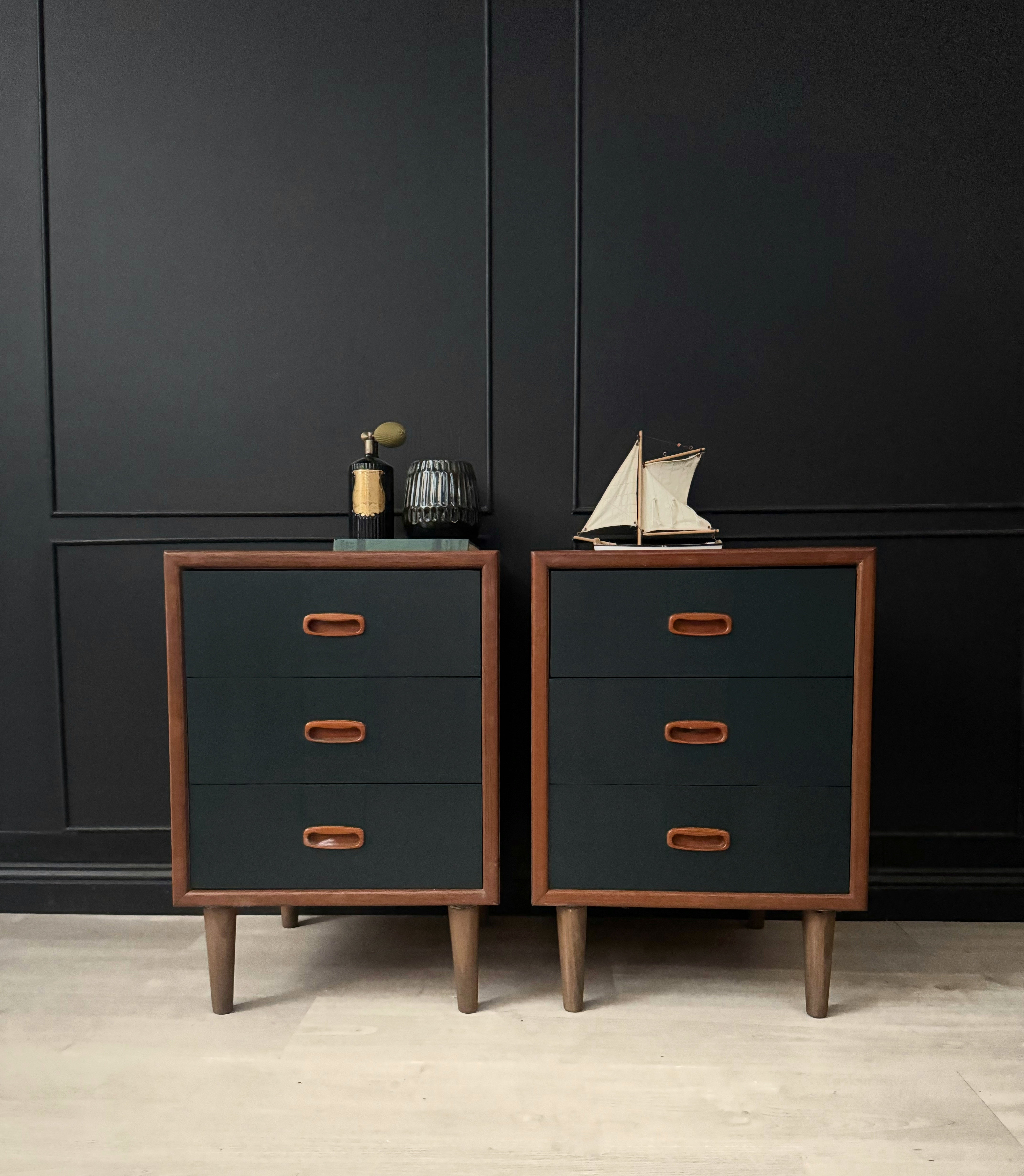 ‘Alrob’ mid century vintage bedside tables - dark forest green